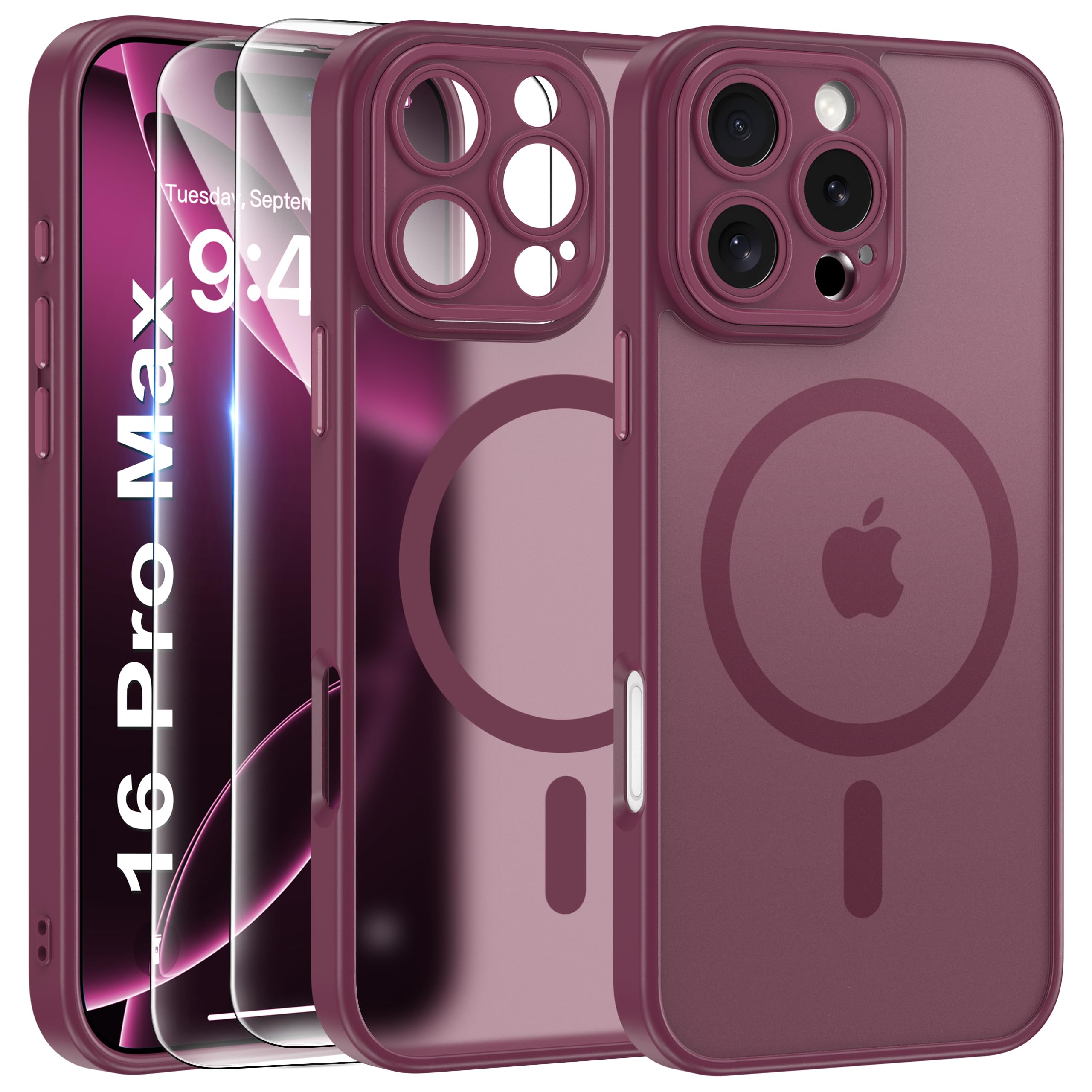 FLLAO Cover Magnetica per iPhone 16 Pro Max Custodia e 2 Pellicole in Vetro Temperato, Cover iPhone 16 Pro Max Compatibile con Magsafe, Traslucida Sottile Antiurto Protettiva Case, Rosso Scuro