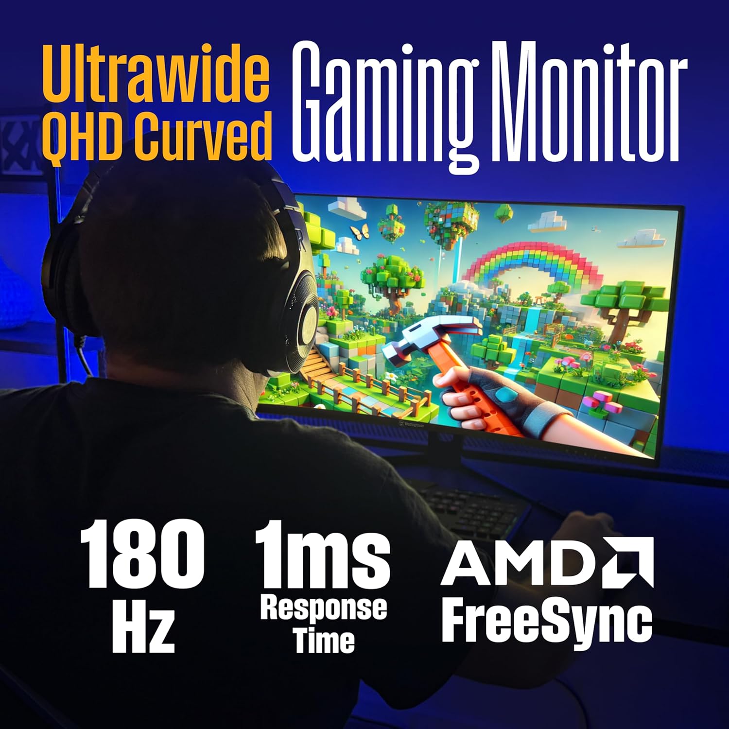 Westinghouse 34 Inch Curved Ultrawide Gaming Monitor, 180Hz, 1 ms, AMD FreeSync Support, Low Motion Blur, 1500R Curve, 3440 x 1440, for PC Games with Built in Speakers, 2X DisplayPort, 2X HDMI