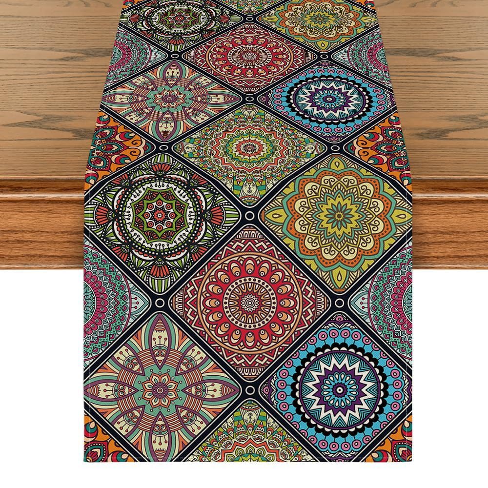 Boho Mandala Table Runner 33x150cm, Vintage Moroccan Geometric Linen Table Runners for Dining Table, Colorful Bohemian Kitchen Decor for Home Party Everyday Use