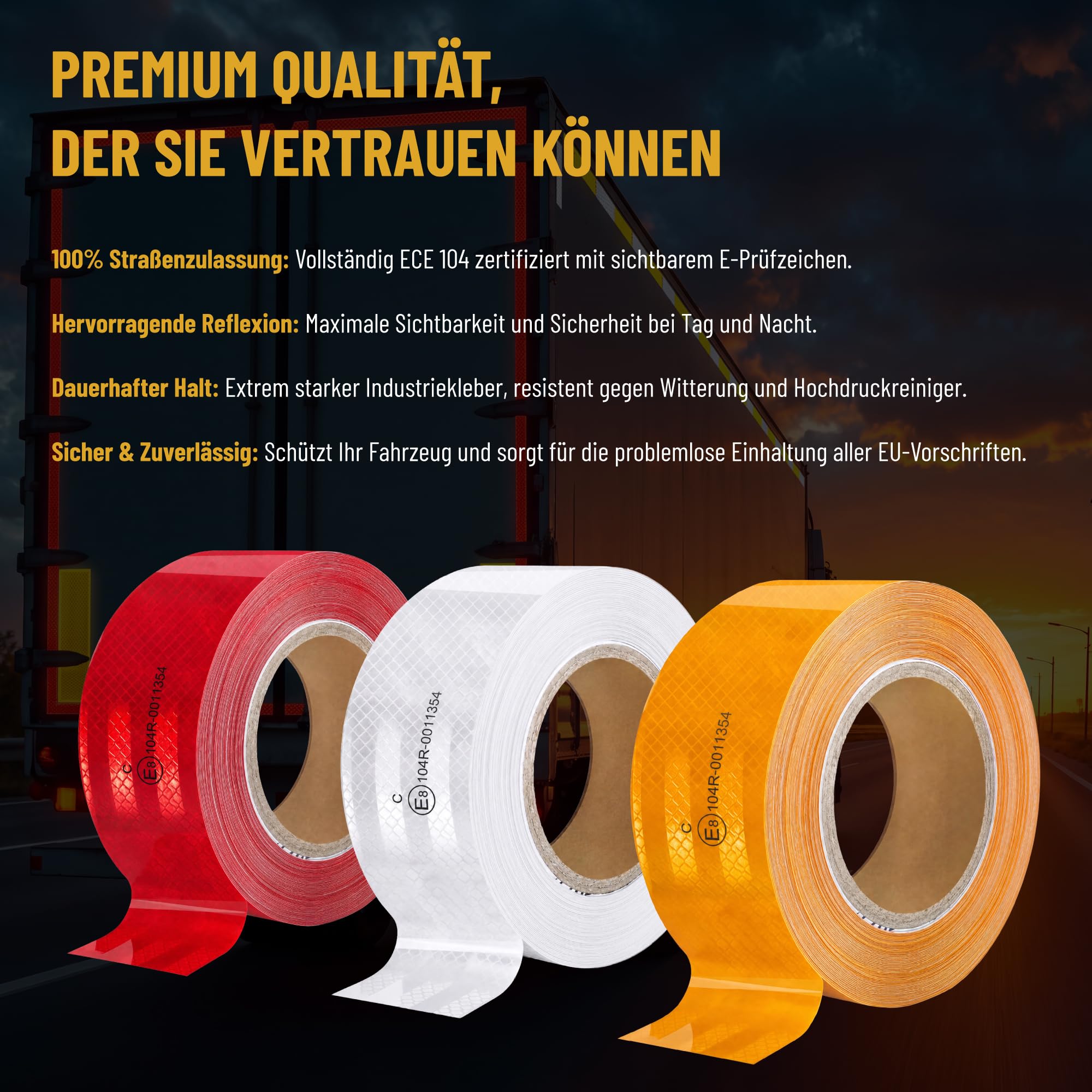 Cinta reflectante autoadhesiva – E Mark ECE R104 Clase C – Ámbar – 50 m x 5 cm – Cinta reflectante – Conspicuous Warning Tape para camiones, remolques, remolques y vehículos comerciales