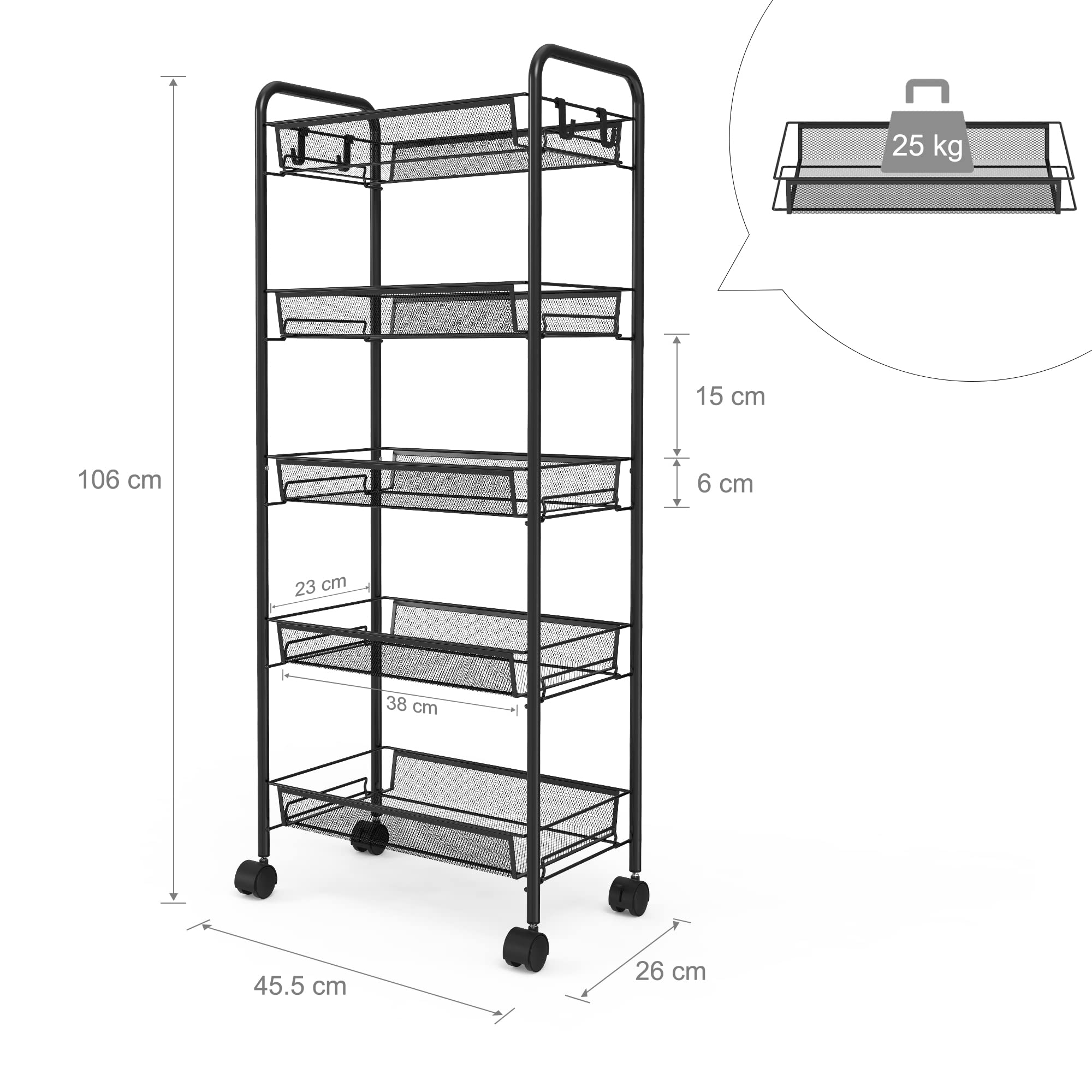 Leogreen Carrito Auxiliar de 5 Niveles con Ruedas, Carrito de Cocina, Negro | 5 cestas extraíbles, ruedas 360° (2 con freno), con asas, metálica resistente, para cocina, baño, oficina o lavandería