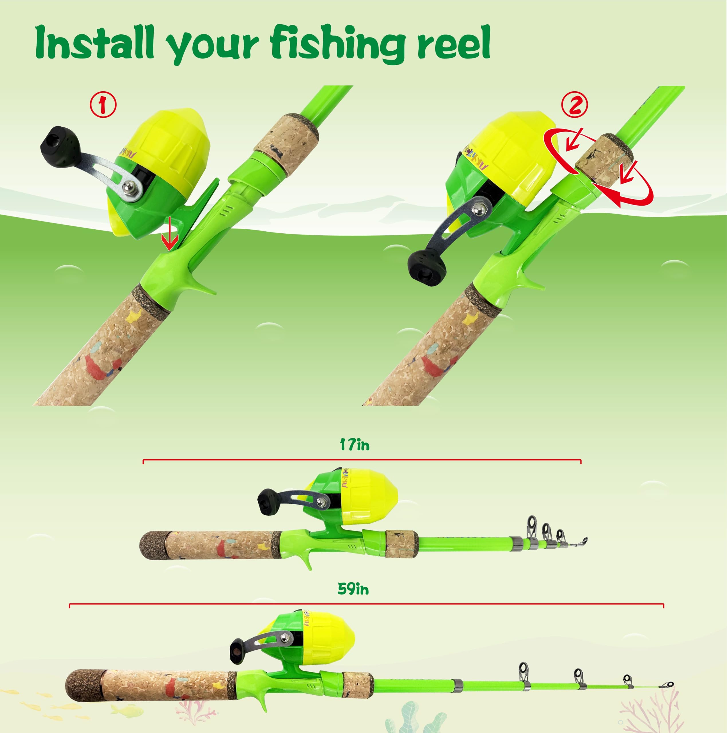 Juego de caña de pescar para niños, combo de caña de pescar y carrete y caja de aparejos de red de pesca con anzuelos de pesca y bolsa para niños, niñas, jóvenes, principiantes, mayores de