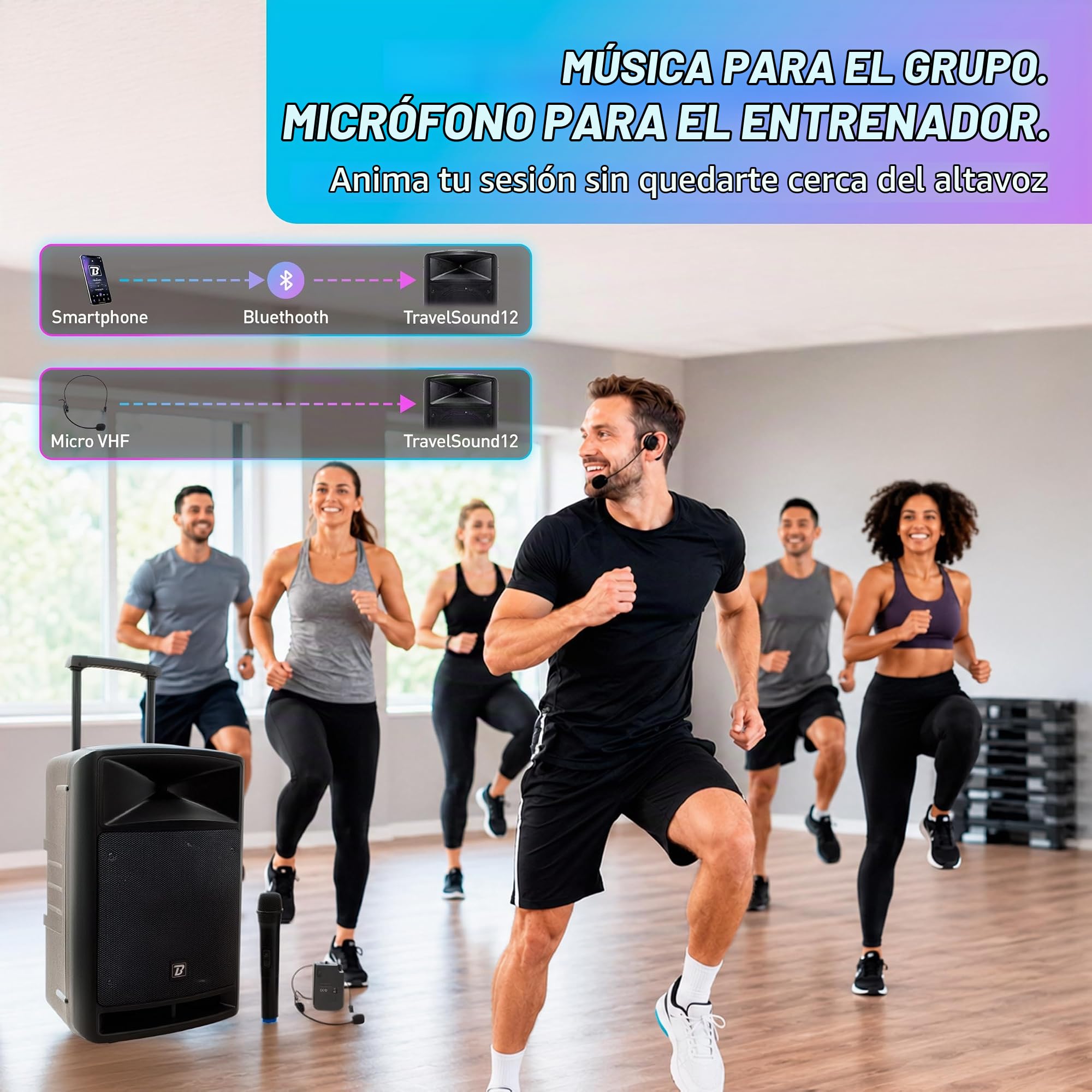 Sistema de Sonido portátil Negro 600W con Bluetooth, BoomTone DJ TRAVELSOUND12-VHF. Lector USB, SD y micrófono de Mano y Diadema VHF incluidos. Ideal para DJ, Karaoke, espectáculos callejeros y