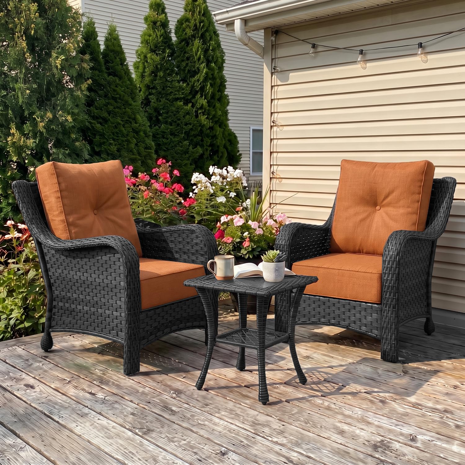 LayinSun 3 Piece Wicker Outdoor Furniture Set with 6-inch Comfy Cushions