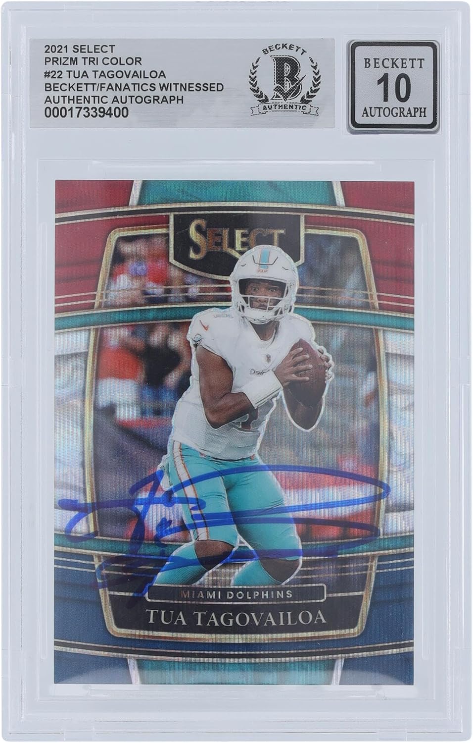 Tua Tagovailoa Miami Dolphins Autographed 2021 Panini Select Tri Color Prizm #22#/249 Beckett Fanatics Witnessed Authenticated 10 Card - NFL Autographed Football Cards