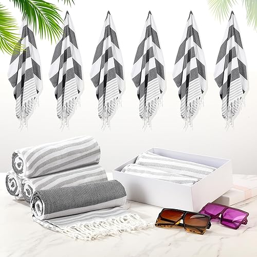 Miniatura 6 de Oudain 10 toallas turcas de playa de algodón a granel de secado rápido, 71 x 40 pulgadas, ligeras, sin arena, con borlas a rayas, para ducha,
