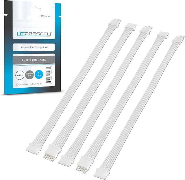 Litcessory Extension Cable for Philips Hue Lightstrip Plus (150mm, 5 Pack, White - MICRO 6-PIN V4)