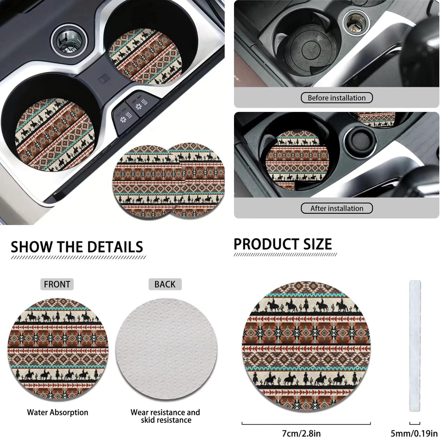 Horeset Geometric Aztec Cowboy Car Seat Cover Set of 10 Interior Protector with Auto Seat Belt Pads Cover/Steering Wheel Cover/Lipstick Cover/Car Cup Coasters Fit SUV Sedan Truck Van