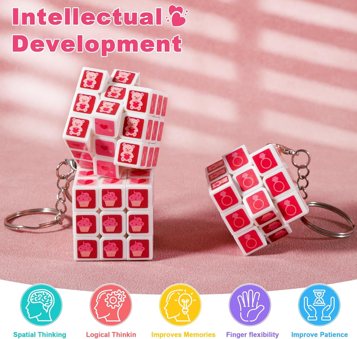 24 Pack Valentine's Day Mini Cube Puzzle Set with Keychain, Cards & Organza Bags - 1.18 Inch Heart Themed Bulk Classroom Gifts, Valentines Party Favors, Goodie Bag Stuffers for Kids Boys Girls