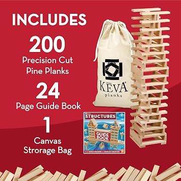 KEVA Structures 200 Wood Building Planks Set - Building Toy Includes 200 Wooden Blocks and Idea Book - Ages 5 and Up