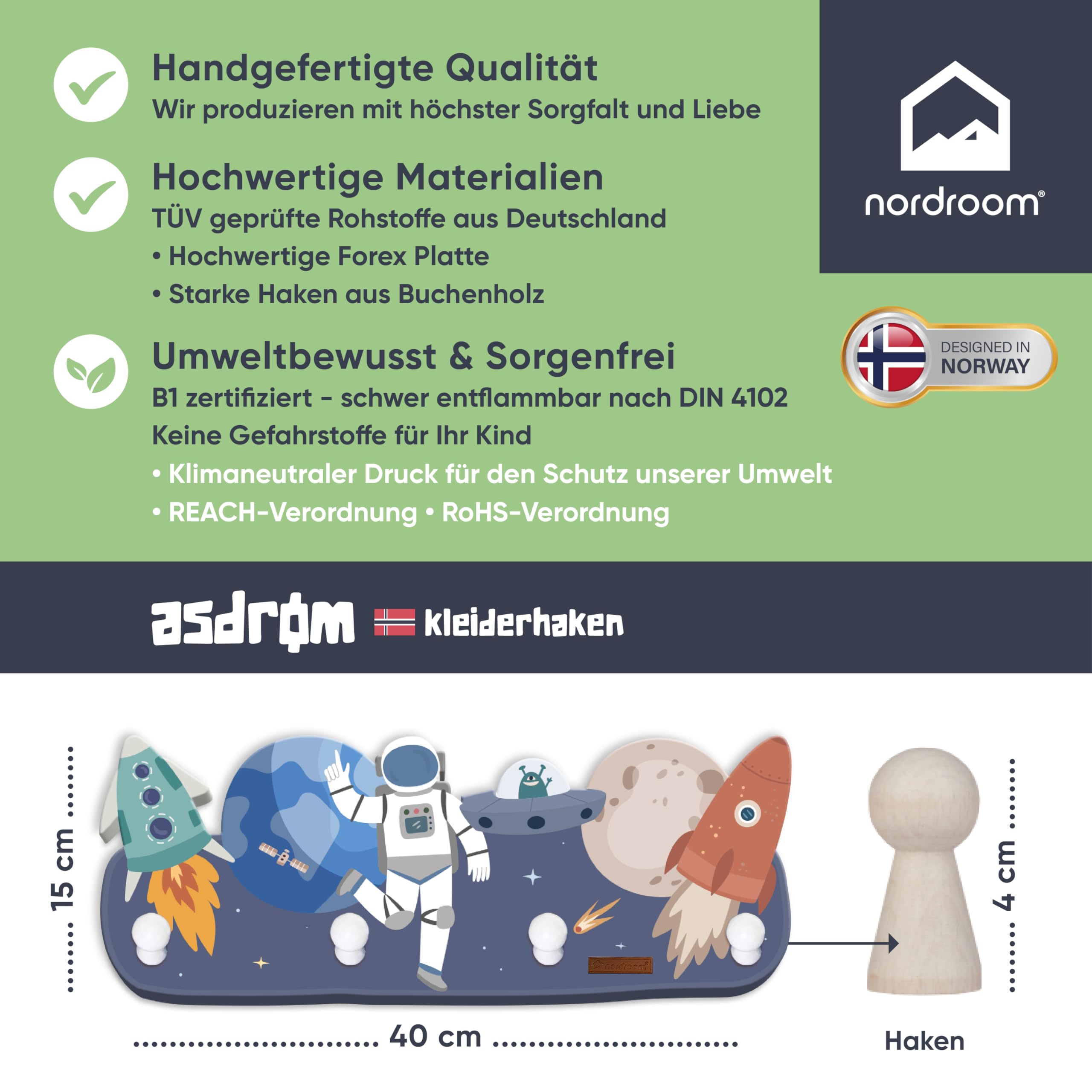 Porte-manteau mural asdrøm avec 4 crochets - Porte-manteau mural avec astronaute spatial pour chambre d'enfant - Porte-manteau en bois - Porte-manteau pour enfant « asdrøm » à percer - Crochet en