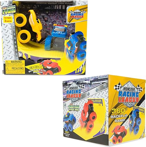 Miniatura 5 de Juego de 2 camiones para niños con motor de fricción con rampa giratoria de 360 grados para inercia todoterreno para niños y niñas