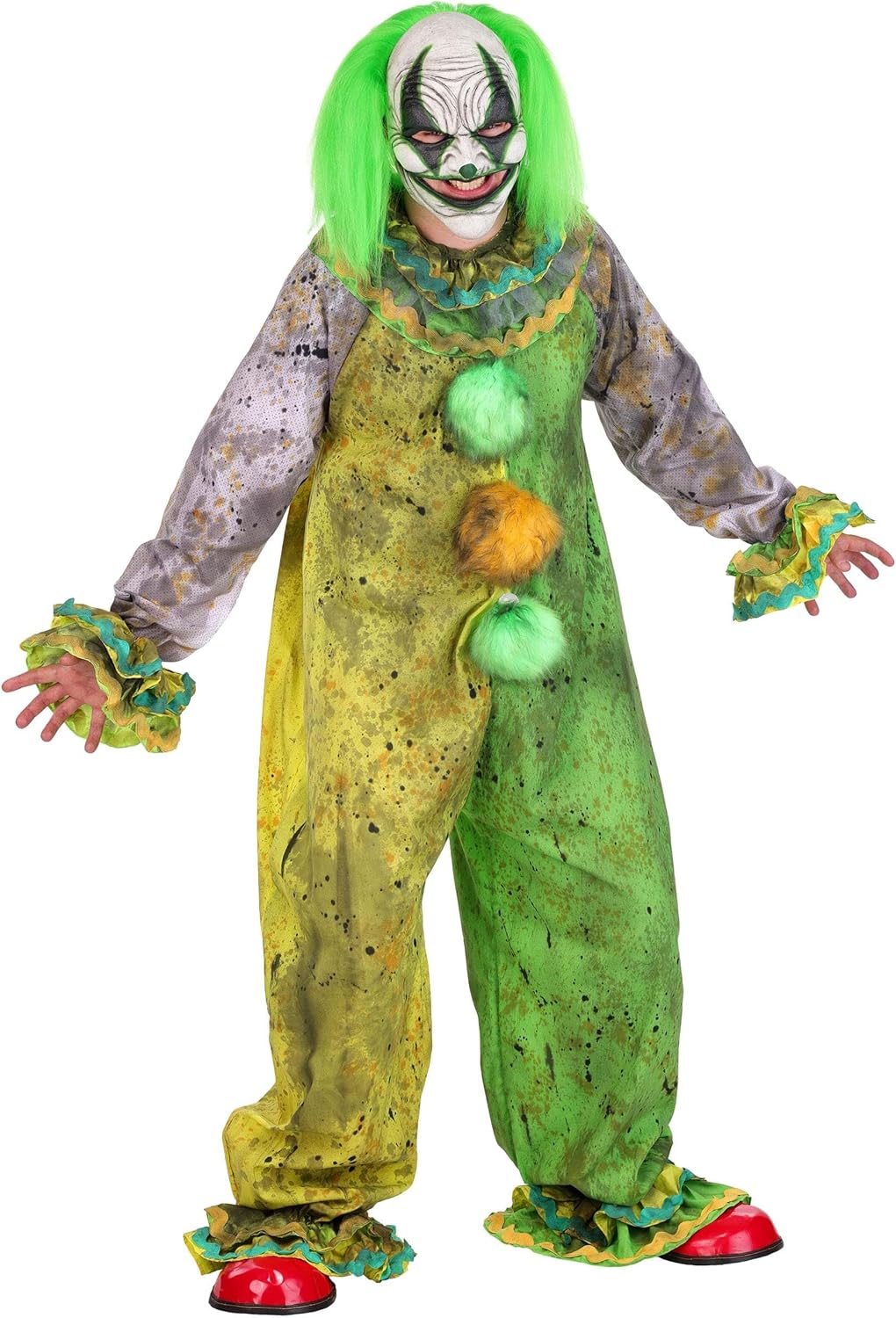 Adult Circus Clown Costume for Halloween - Green & Yellow Jumpsuit with Creepy Mask and Organza Ruffle Cuffs L/XL