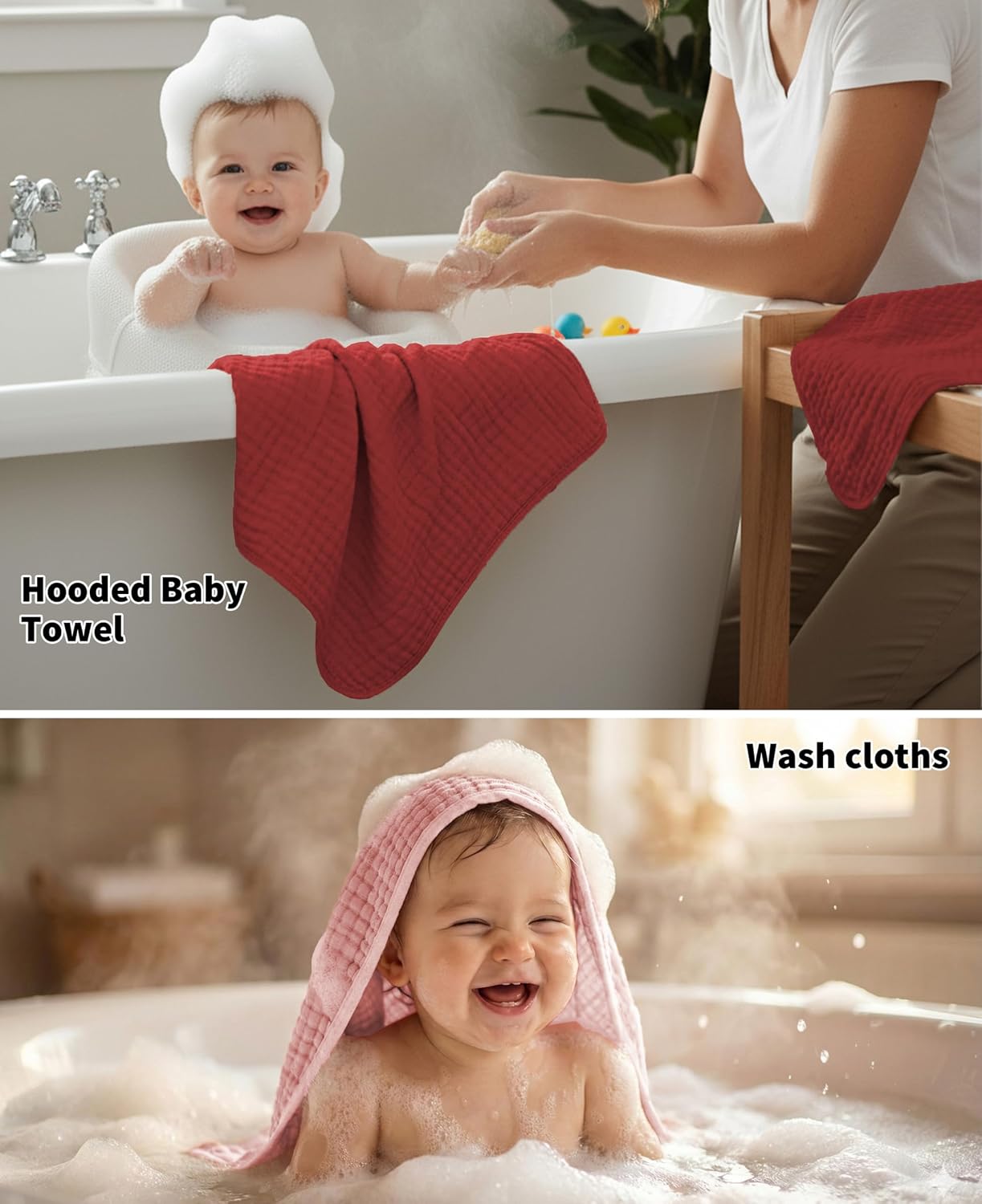 6Pcs Baby Muslin Hooded Bath Towels and Washcloths,32"x 32" Muslin Cotton Hooded Baby Towels for Newborn Shower