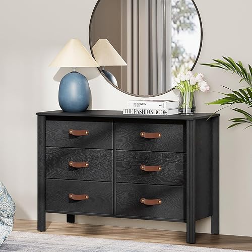 Vista 5 de WAMPAT Cómoda negra para dormitorio, cómoda larga y ancha con 12 cajones, cómoda y cómoda para niños, juego de 2 organizadores clásicos