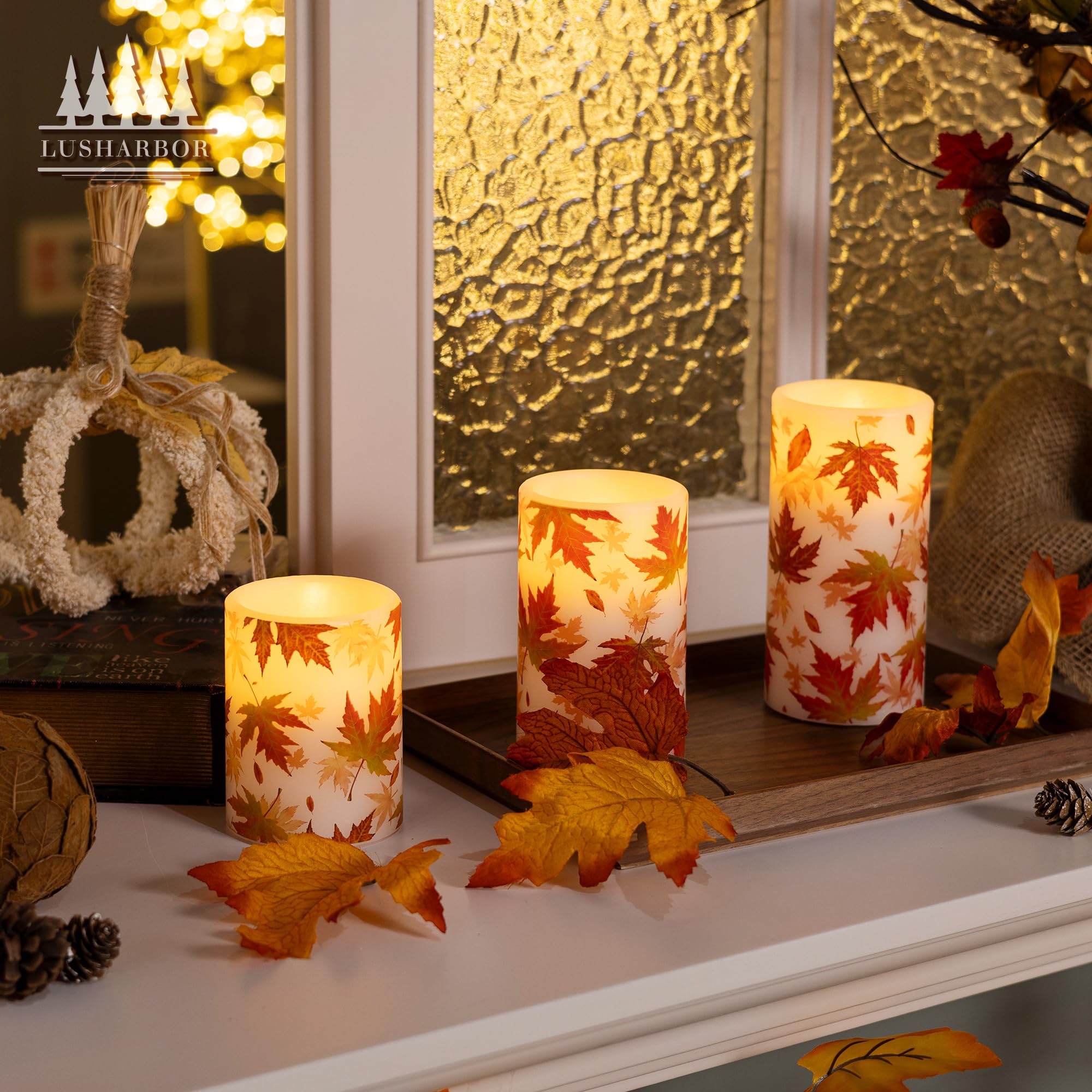 LUSHARBOR Candele senza fiamma con telecomando, a forma di foglia d'acero, a batteria, per il Ringraziamento, candele a LED, in vera cera, decorazione autunnale, candele elettriche, set di 3
