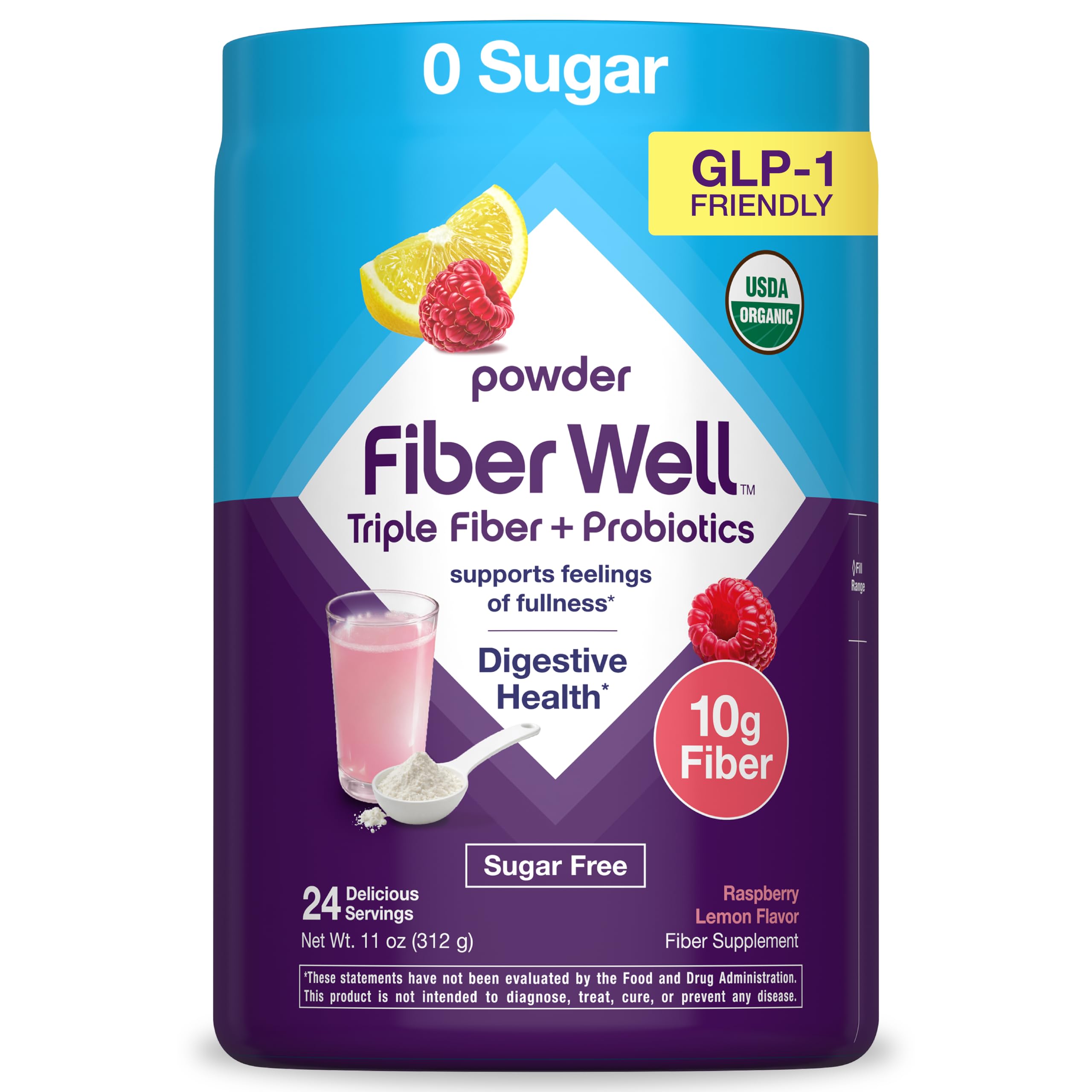 FiberWell Organic Fiber Powder Supplement | 10g | 11 oz | GLP-1 Friendly
