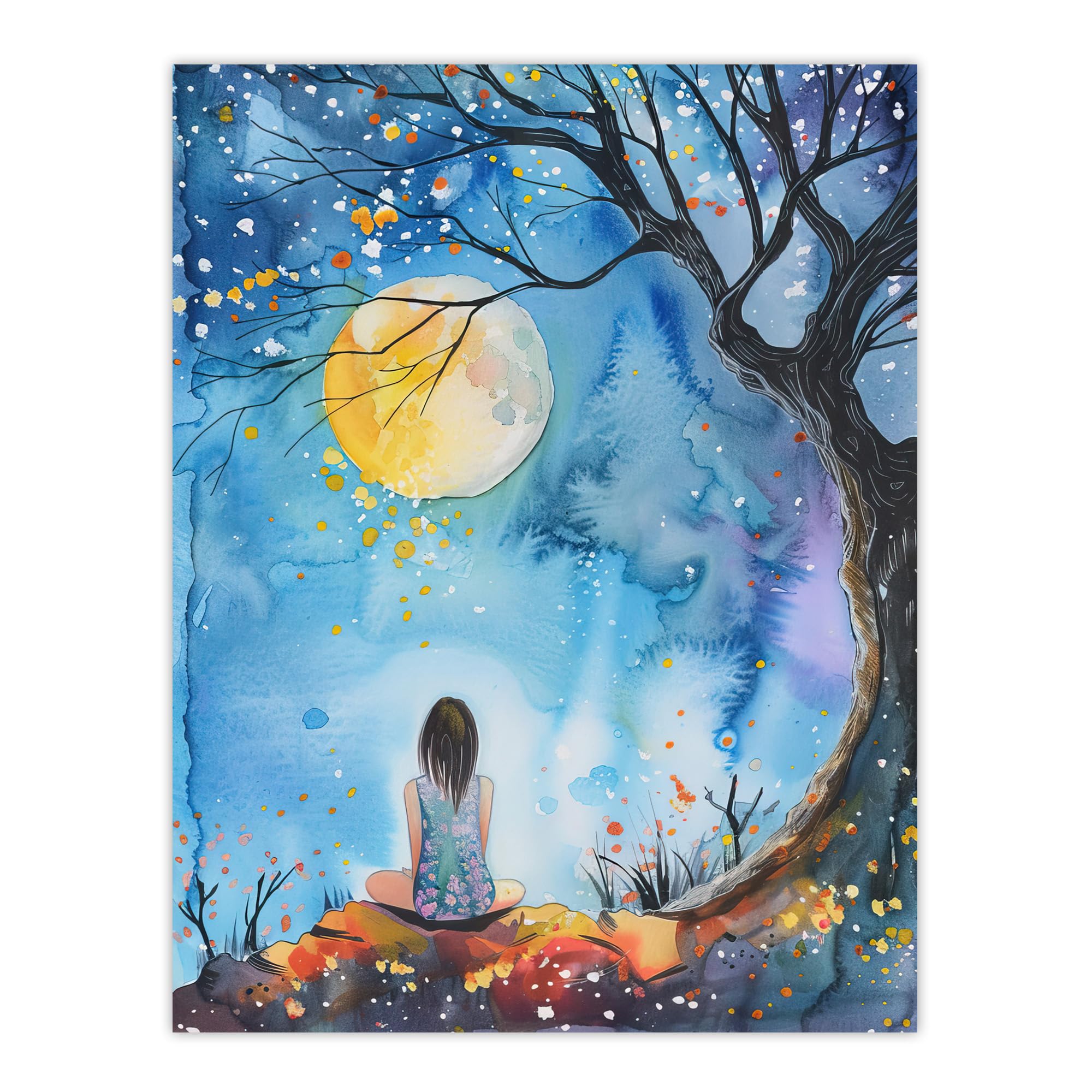 Full Moon Gazing Autumn Night Watercolour Wall Art Print - Artery8 - W24 inch x H32 inch - Blue