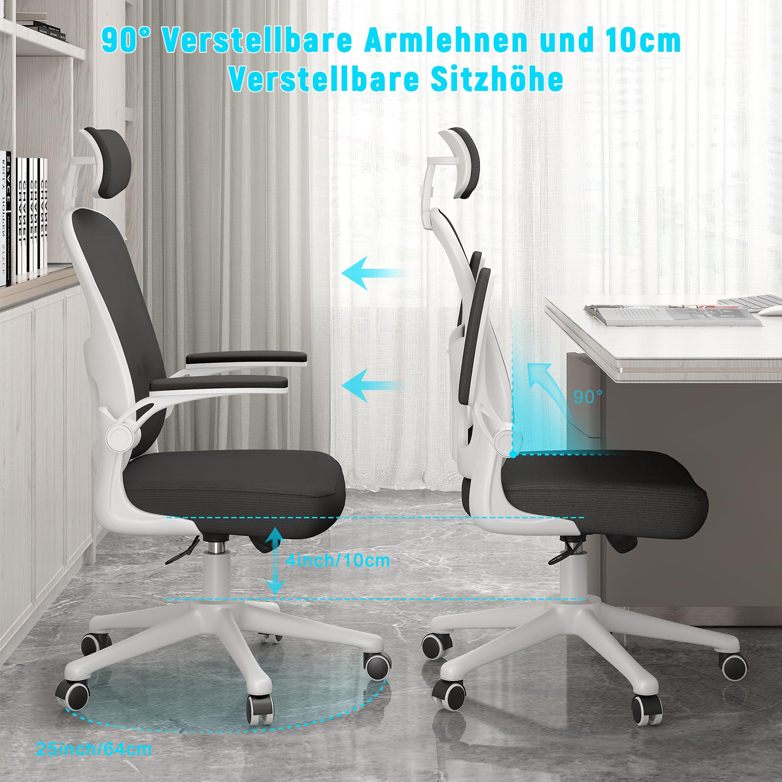 naspaluro Bürostuhl, Ergonomischer Schreibtischstuhl mit Verstellbarer Armlehnen, Kopfstütze, Lordosenstütze, Höhenverstellung… – Ansicht 6