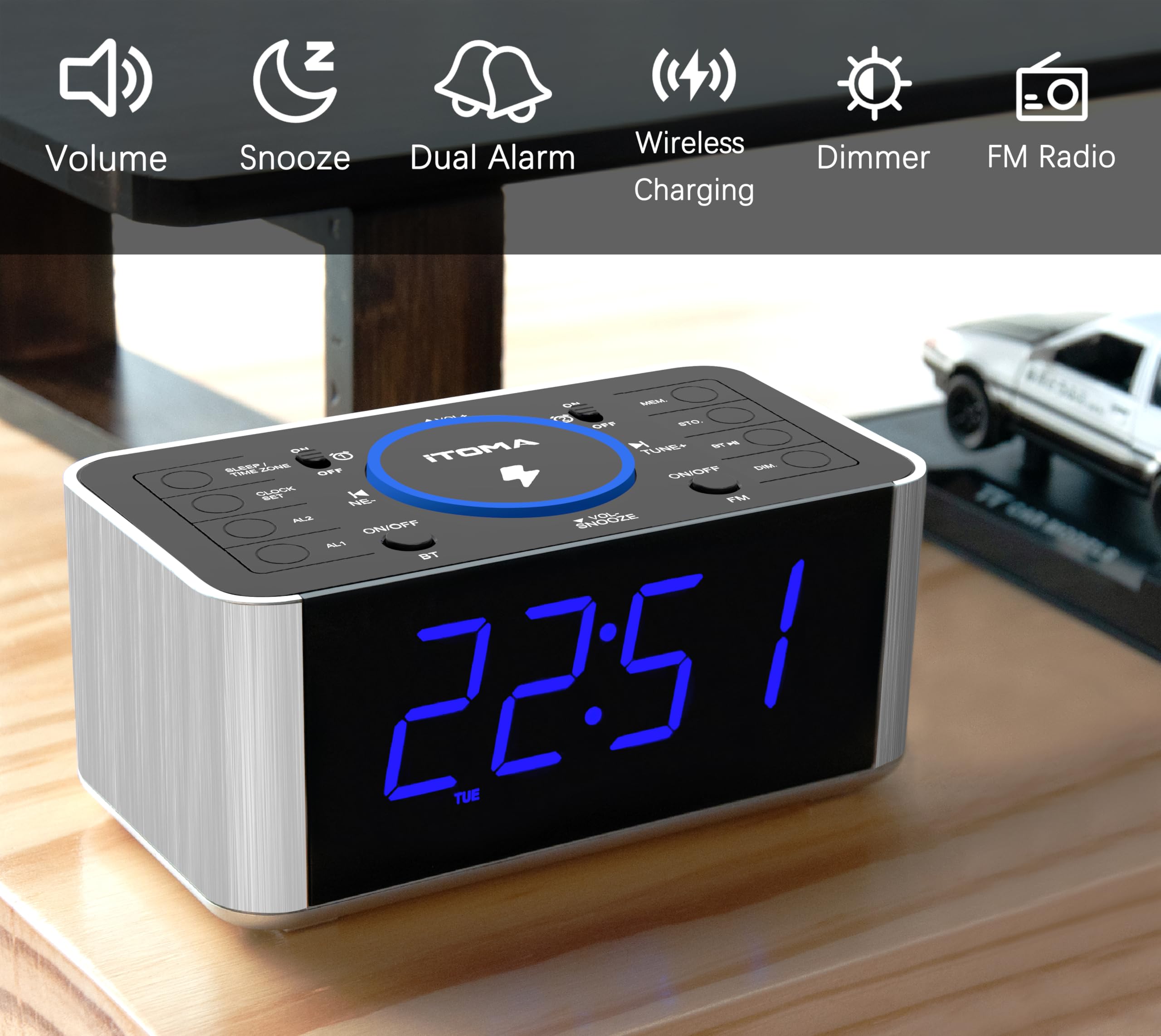 iTOMA Radiosveglia con ricarica wireless da 5 W, snooze, Bluetooth, doppia sveglia, display LED da 1,4'', dimmer, orologio con ricarica USB per comodino 206