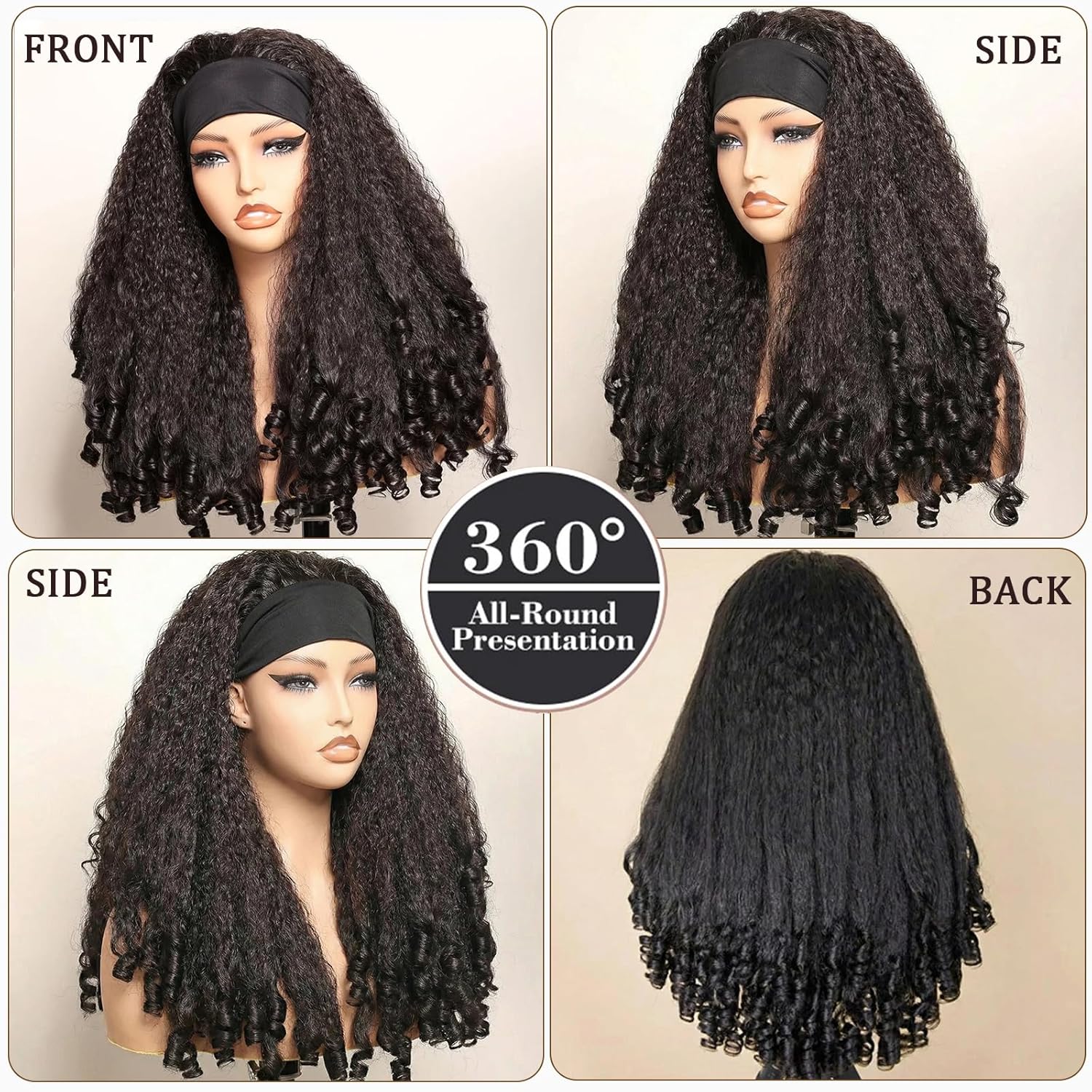 Afro Curly Headband Wig for Black Women Wear and Go Kinky Curly Glueless with Bouncy CurlHalf Wigs Yaki Straight Synthetic Headband Wigs(Natural Black, 24inch)