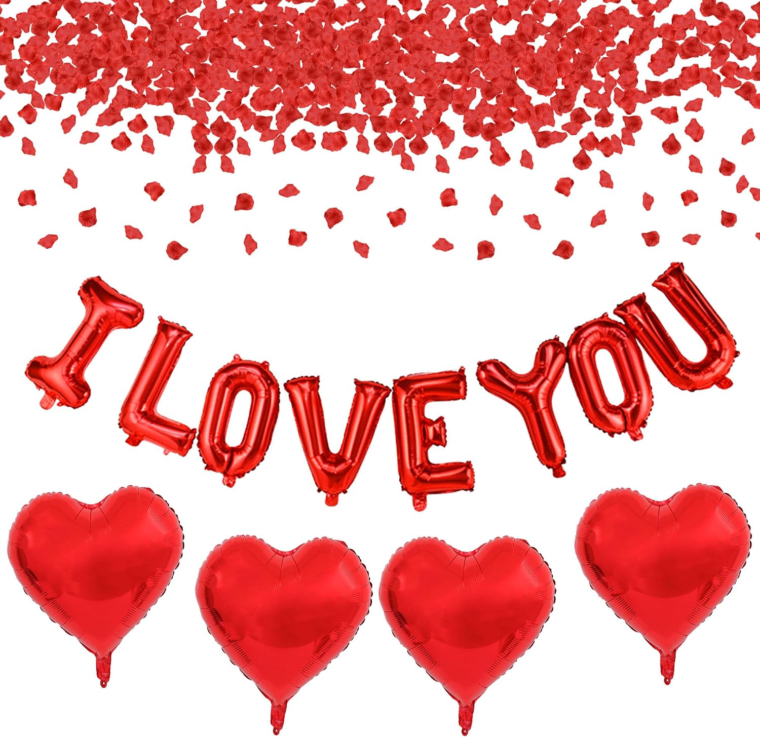 10Pcs Valentines Day Decorations Set, 16 Inch I Love You Balloons and 18 Inch Red Heart Balloons with 500Pcs Fake Rose Petals for Valentine's Day Wedding Anniversary Engagement Party Supplies