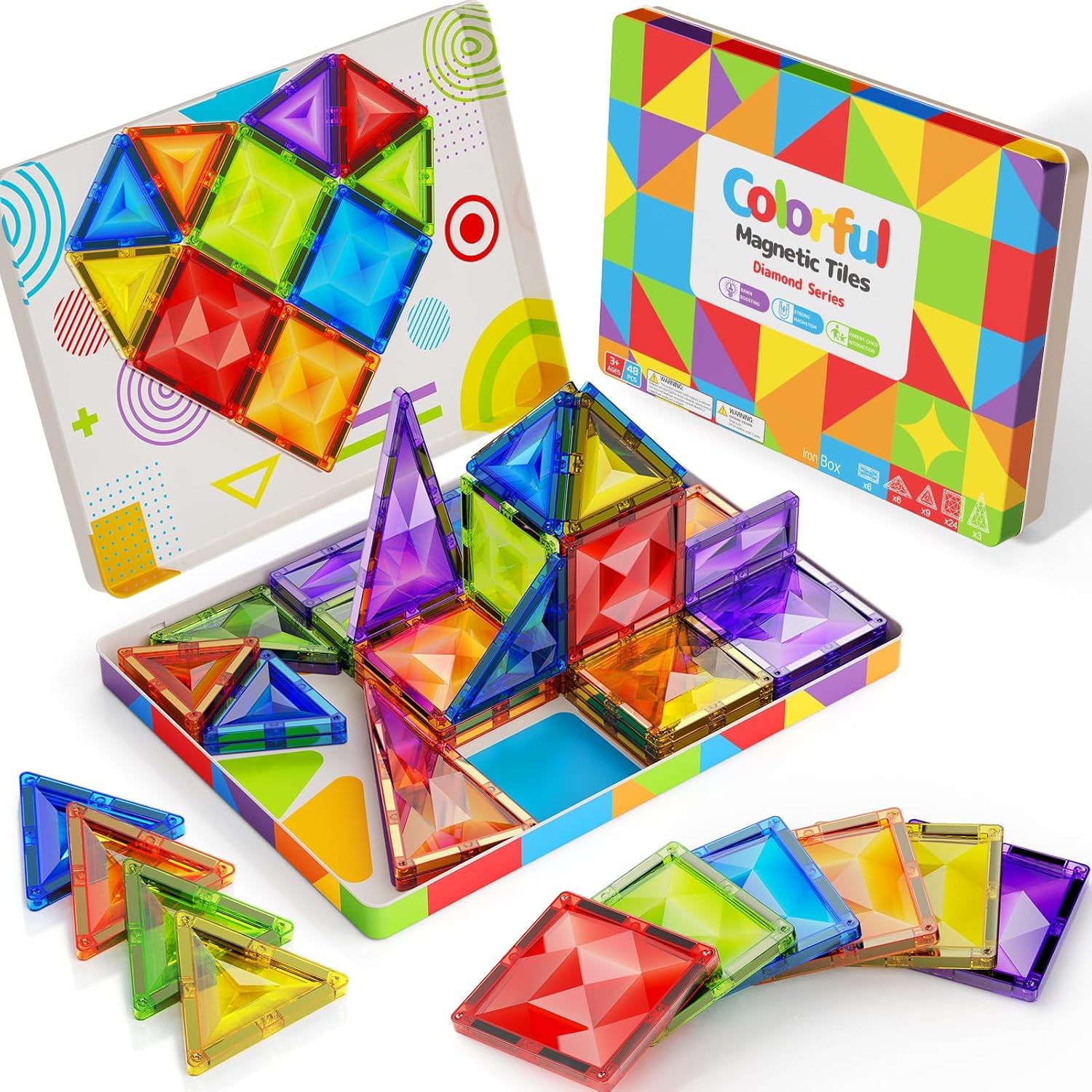Magnetische Bausteine, 48 teiliges Bunte Magnetic Tiles Konstruktionsspielzeug mit großer Eisenbox, 7,5CM Magnetblöcke Weihnachts- und Geburtstagsgeschenke für Jungen Mädchen im Alter 3-8 Jahren