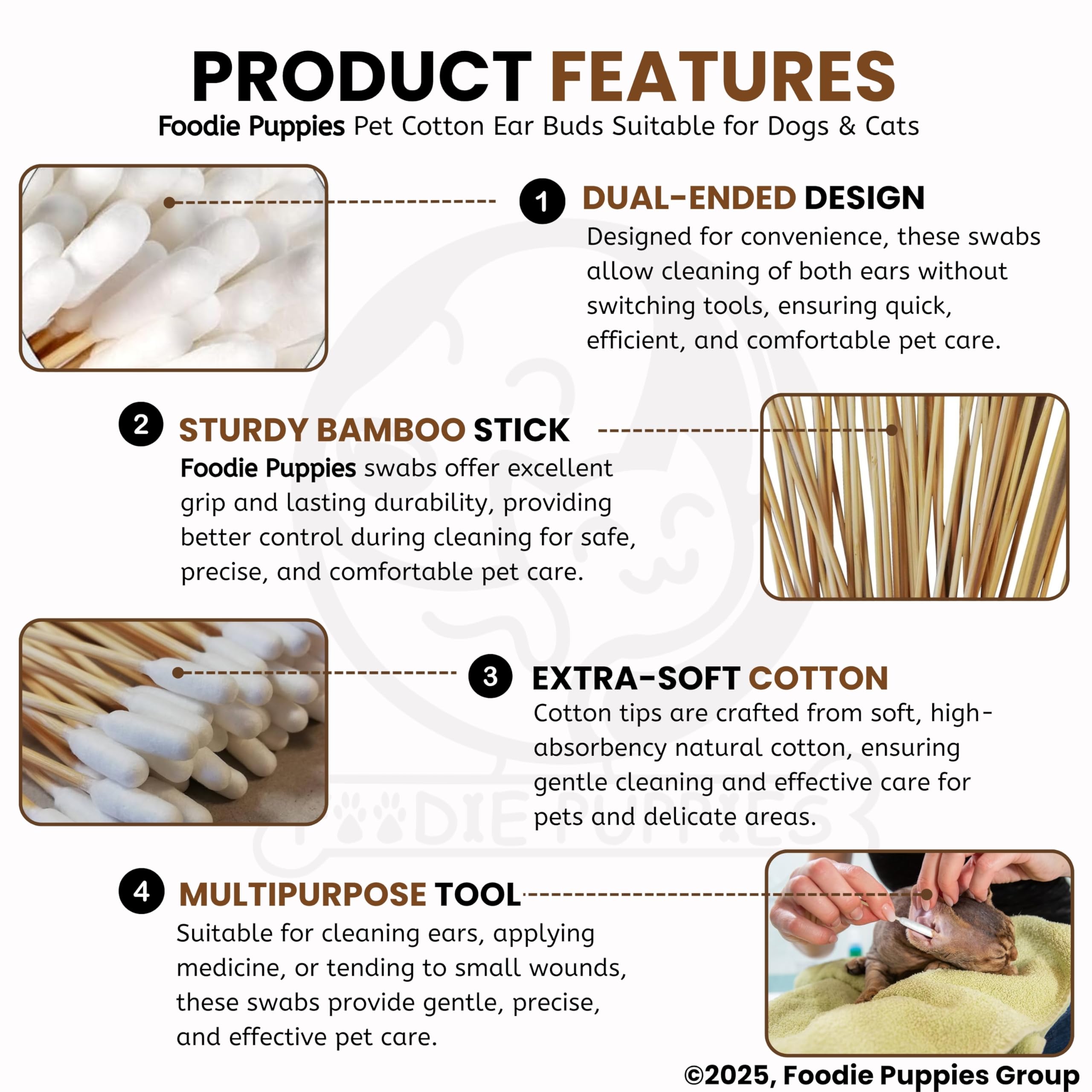 Foodie Puppies Cotton Buds for Dogs & Cats (50 Pieces) - Dual-Sided 6 Inch Bamboo Swabs for Ear Cleaning, Medicine Application, Wound Care, Long Wooden Handle, Safe Pet Ear Cleaner for Large Dog Ears 2