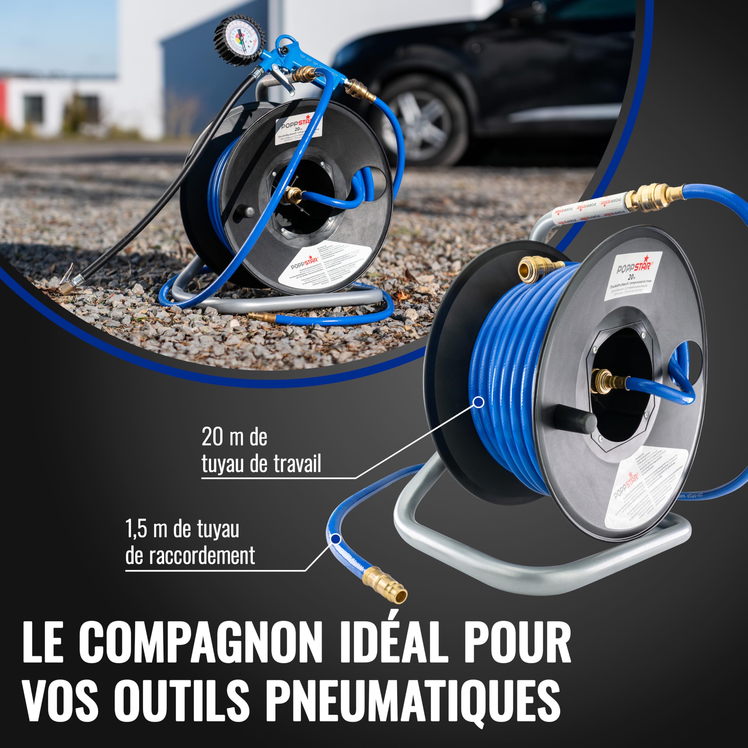 Poppstar Enrouleur de Tuyau d'Air Comprimé Manuel en PVC (20m+1,5m, Diamètre (6x11,5mm)), Raccords 1/4 Pouce BSPT
