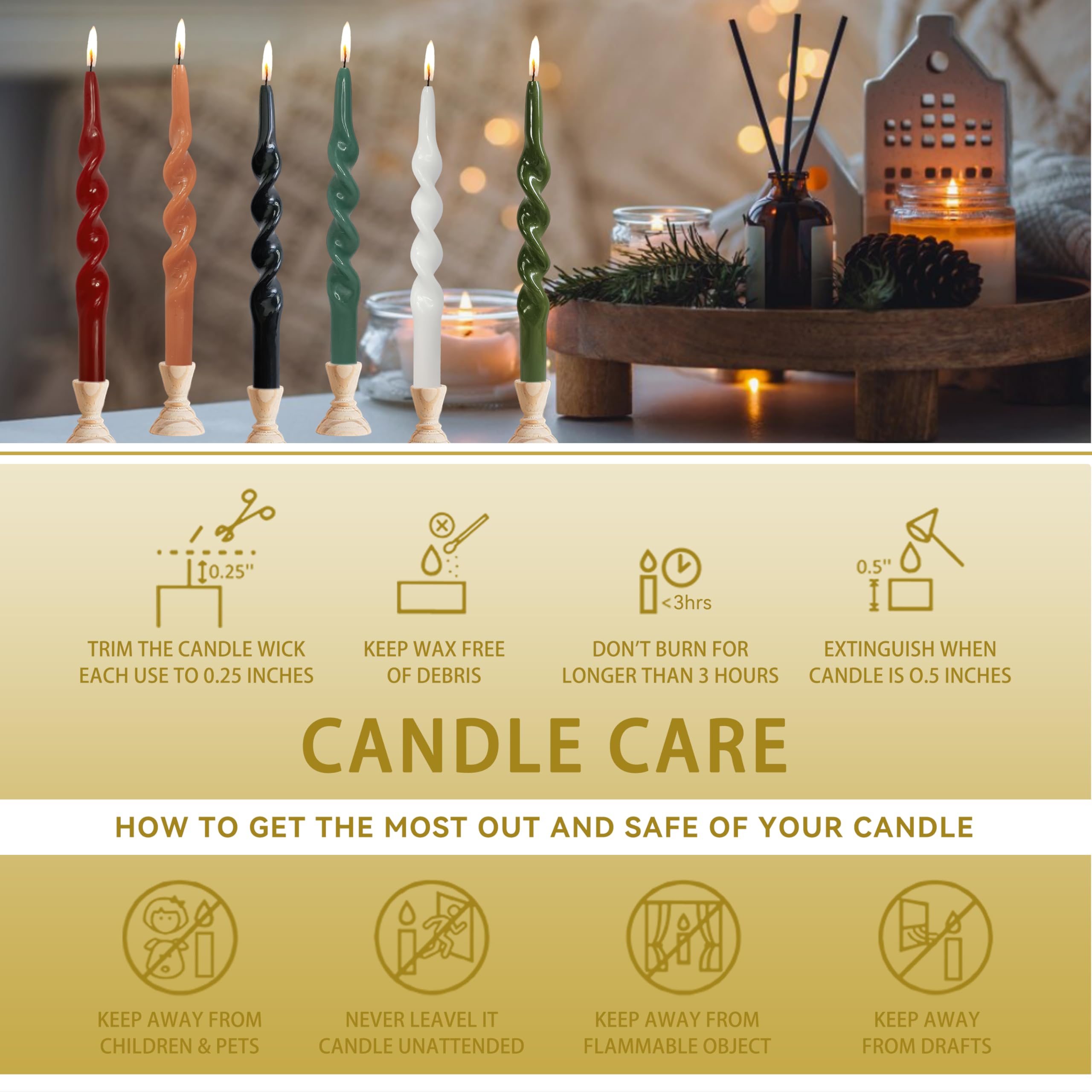 Velas en espiral de Navidad, velas cónicas doradas, candelabro sin perfume para regalo de invierno, vacaciones, Navidad, decoración del hogar