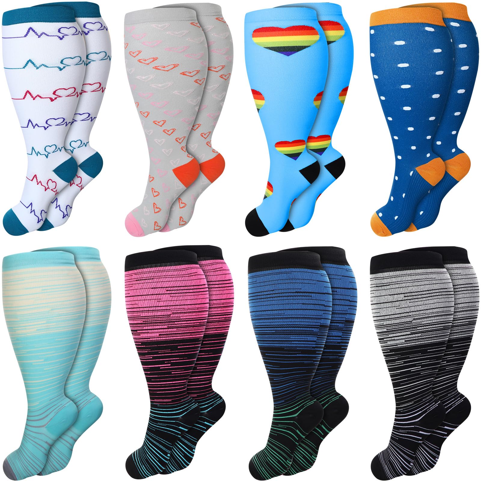 Croknit 8 Pairs 3x-large Plus Size Compression Socks for Women Men Wide Calf Extra Large Size Knee Support Socks for Circulation (Vintage Style)