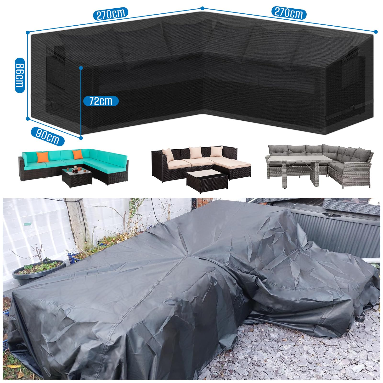 SIRUITON Housse de canapé en rotin en forme de V, imperméable et résistante aux déchirures, tissu Oxford 420D, durable pour extérieur, en forme de L avec ruban adhésif imperméable, 270 x 270 x 90 cm