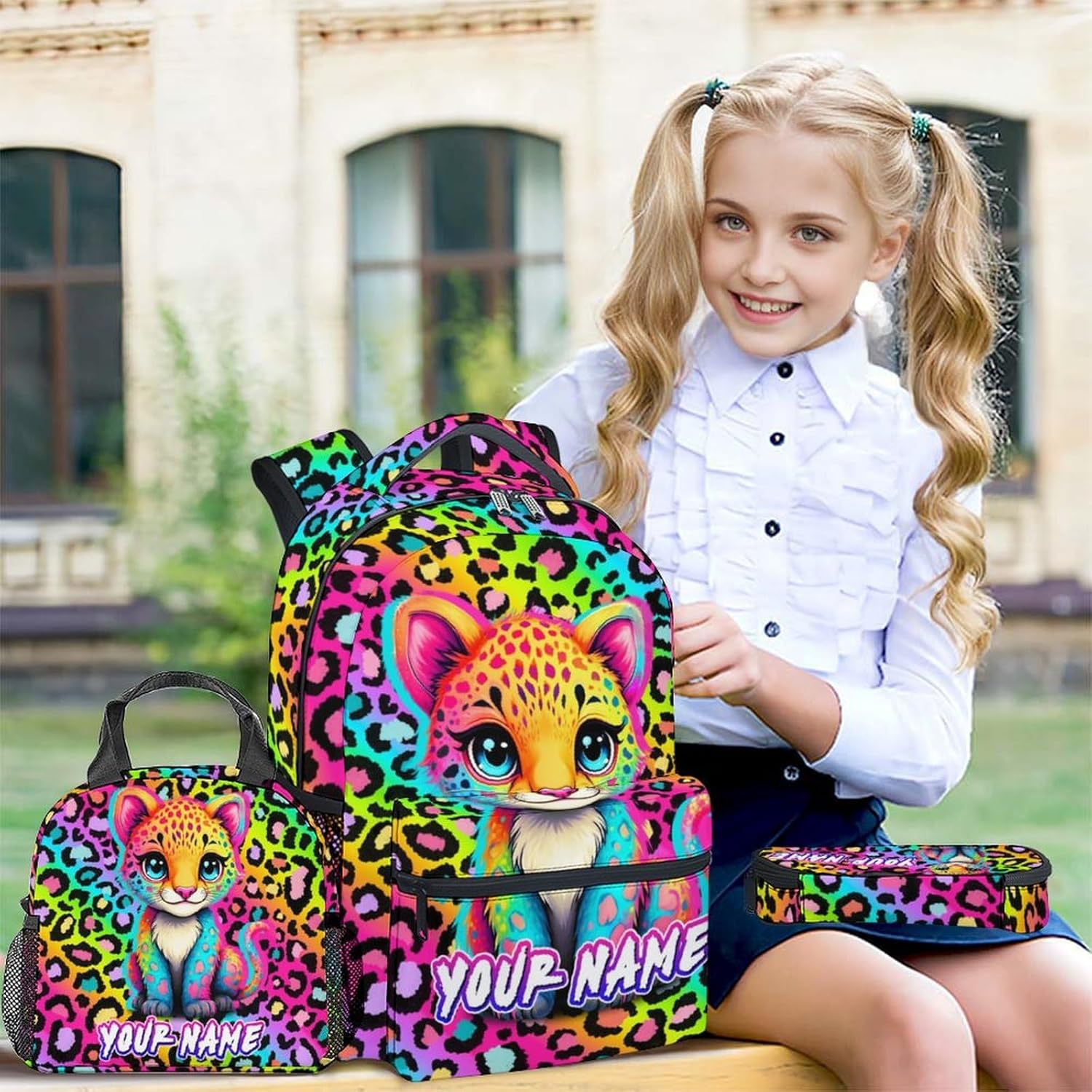 Custom Girls Backpack with Lunch Box, 3PCS Cheetah School Backpacks Matching Combo for Kindergarten, Cute Leopard Print Bookbag and Pencil Pouch Bundle