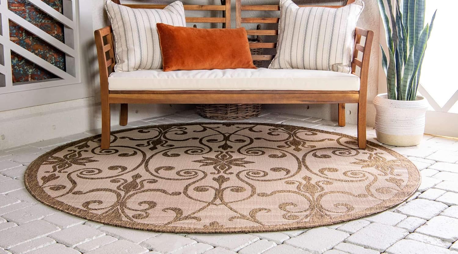 Unique Loom Outdoor Botanical Collection Area Rug - Gate (6' 1" Round, Brown/ Beige)