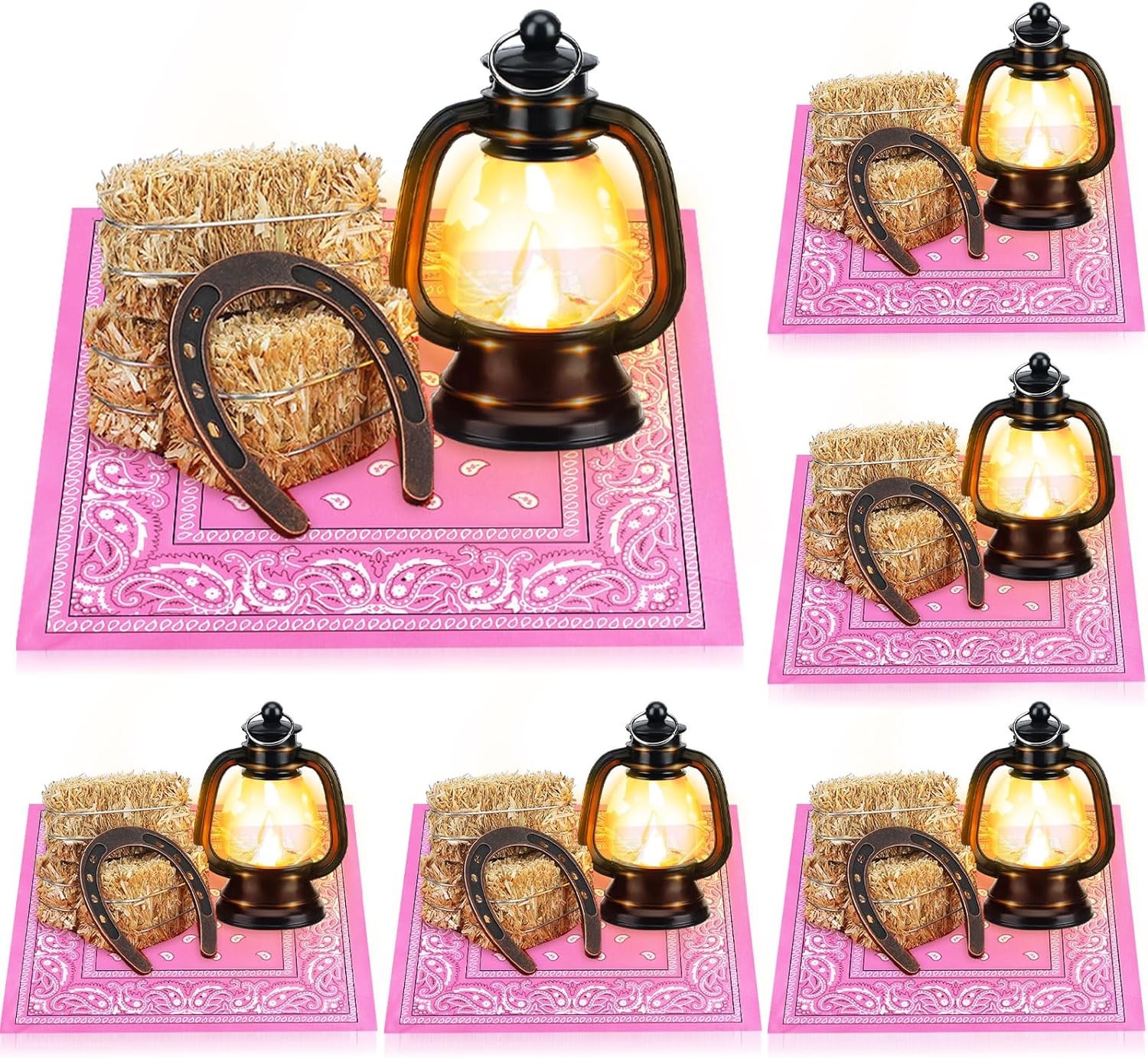 Shihanee 36 Pcs Western Cowboy Rodeo Table Centerpieces Mini Cowboy Party Decoration with Horseshoe Lantern Hay Bale Bandanna Cowgirl Party Decoration for Western Birthday Wedding Favor Supplies(Pink)