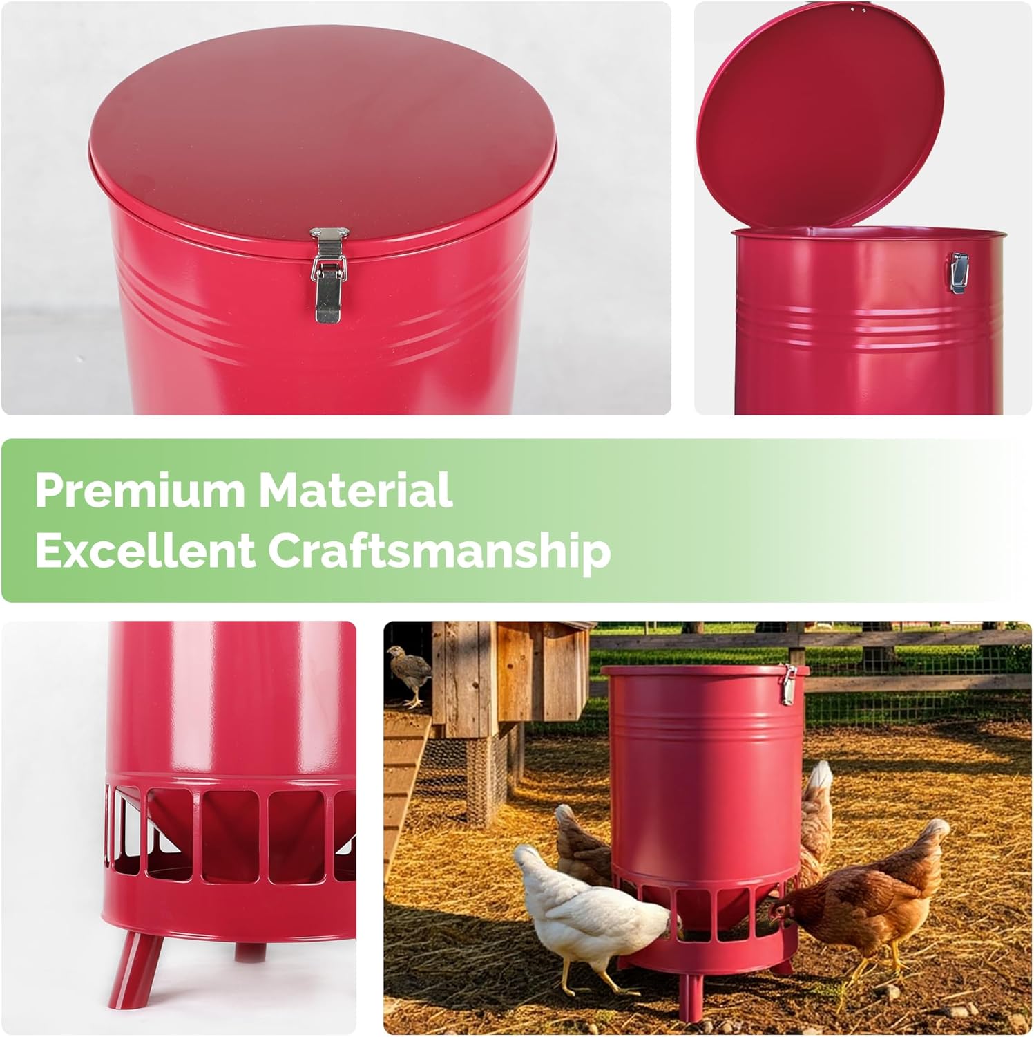 Solution4Patio 50LB No-Waste Chicken Feeder, Large Capacity Gravity Dispenser with Spill Control & 16 Feeding Ports Poultry Feeder for Outdoors & Hen Coop (Red)