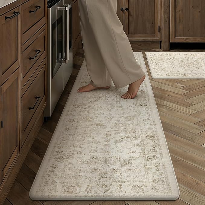 Neutral Kitchen Mats 2PCS Anti Fatigue Mat for Cushioned Beige Vintage Kitchen Mats for Floor Waterproof Non-Slip Comfort Standing Rug for Sink Laundry Office 17.3"×47"+17.3"×30"