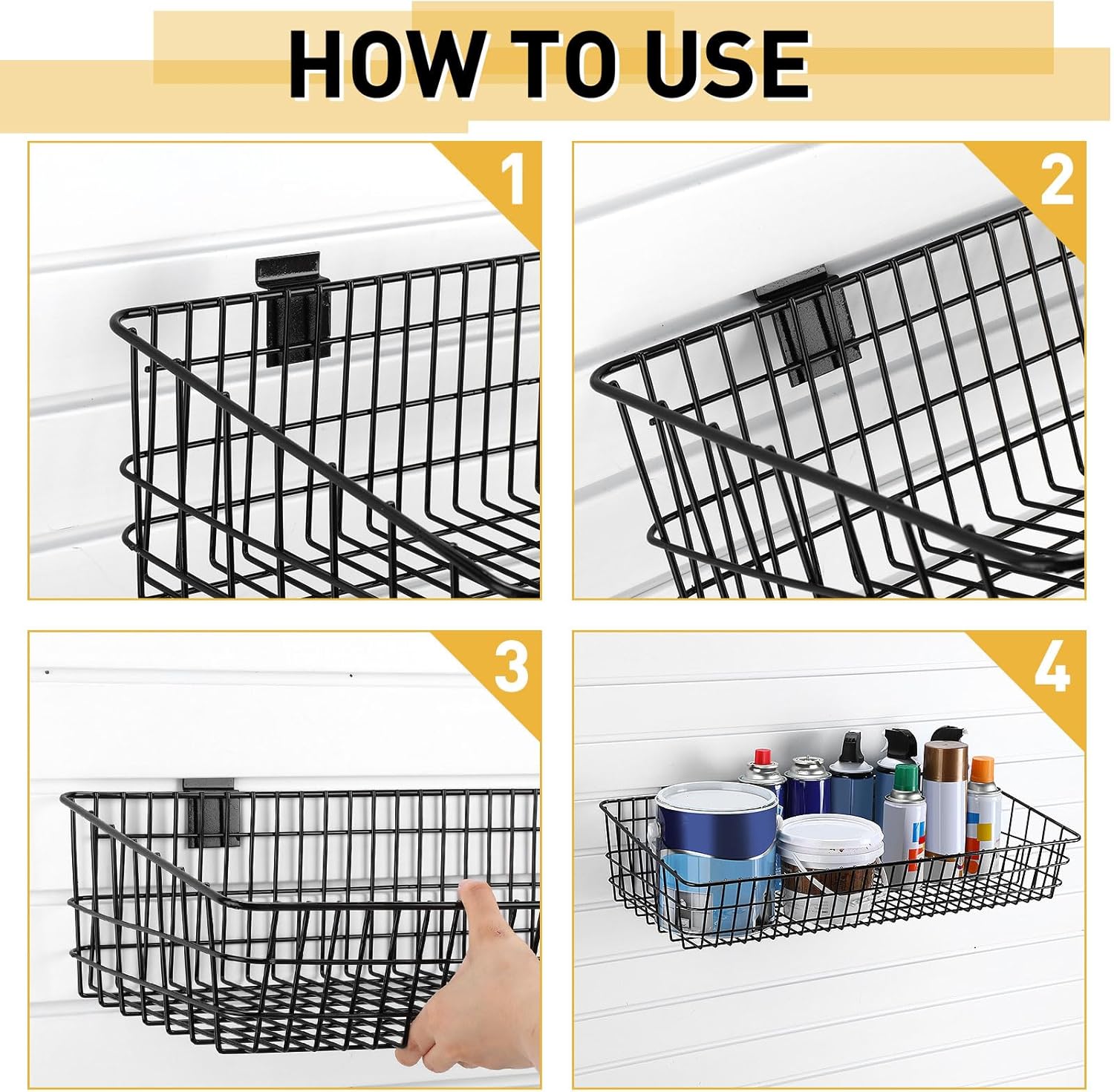 2 Pcs Slatwall Baskets for Slatwall,23.6 Inch Width Metal Heavy Duty Wire Mounted Hanging Basket Storage Display Basket for Retail,Garage,Office,Sports,Toys,and More,Black