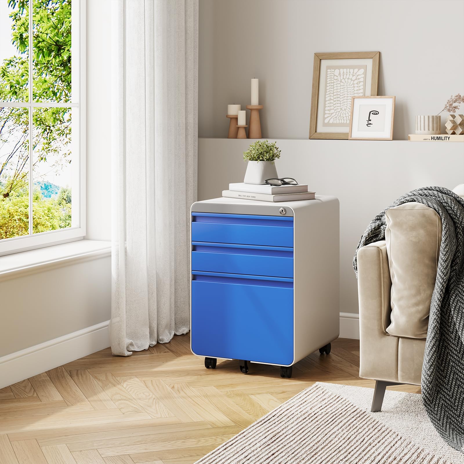 Dripex Caisson de Bureau à Roulette 3 Tiroirs, Meuble Dossier Suspendu, Caisson Métal Verrouillable 40 x 45 x 60 cm - Bleu Mate