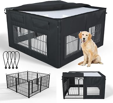 Dog Playpen Cover with Sunshade, Heavy Duty 1680D Oxford Fabric + Nylon Breathable Mesh Only Fits 32" H 8-Panel Dog Playpen