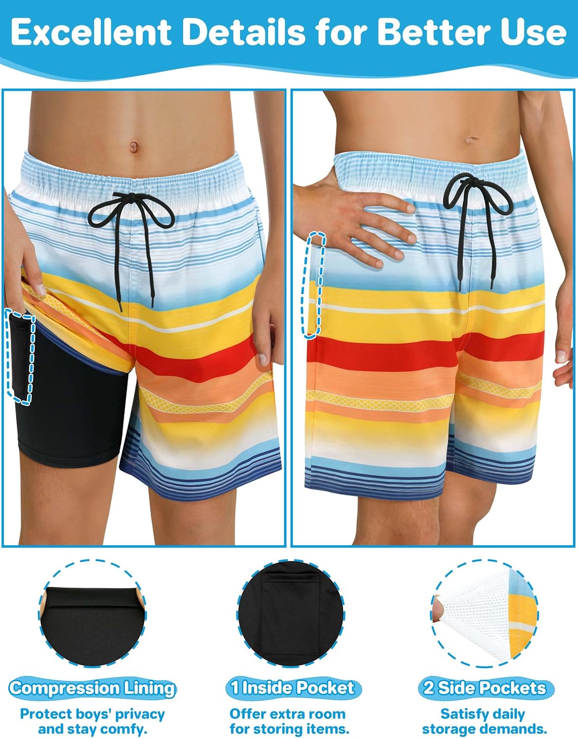 qikqik Boys Swim Trunks with Compression Liner Kids Swimsuits Boys Bathing Suit Quick Dry Boy Swimsuit Kids Swimming Trunks - Image 2