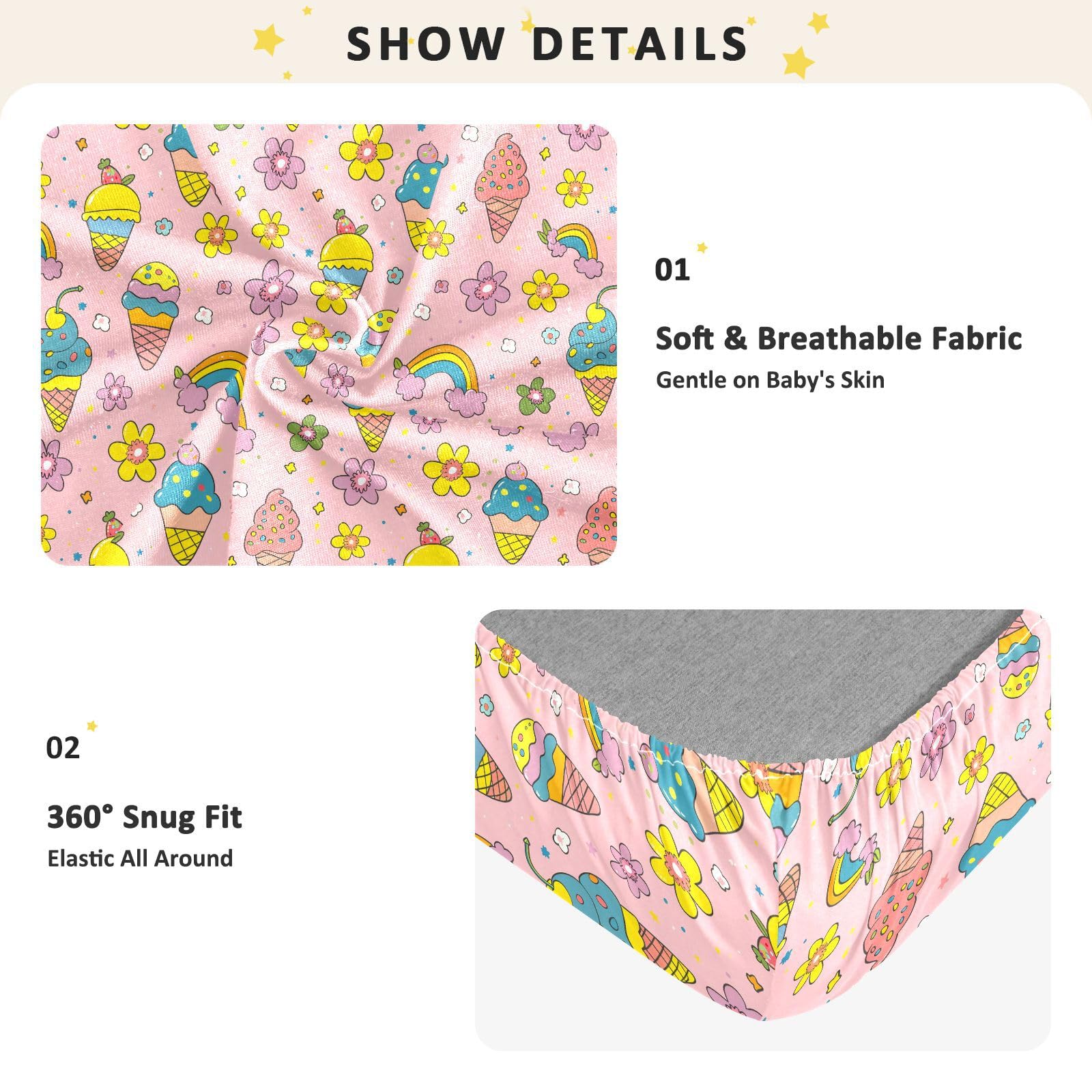 Drap-housse pour berceau de bébé motif crème glacée arc-en-ciel pour garçons et filles, 71,1 x 132,1 cm