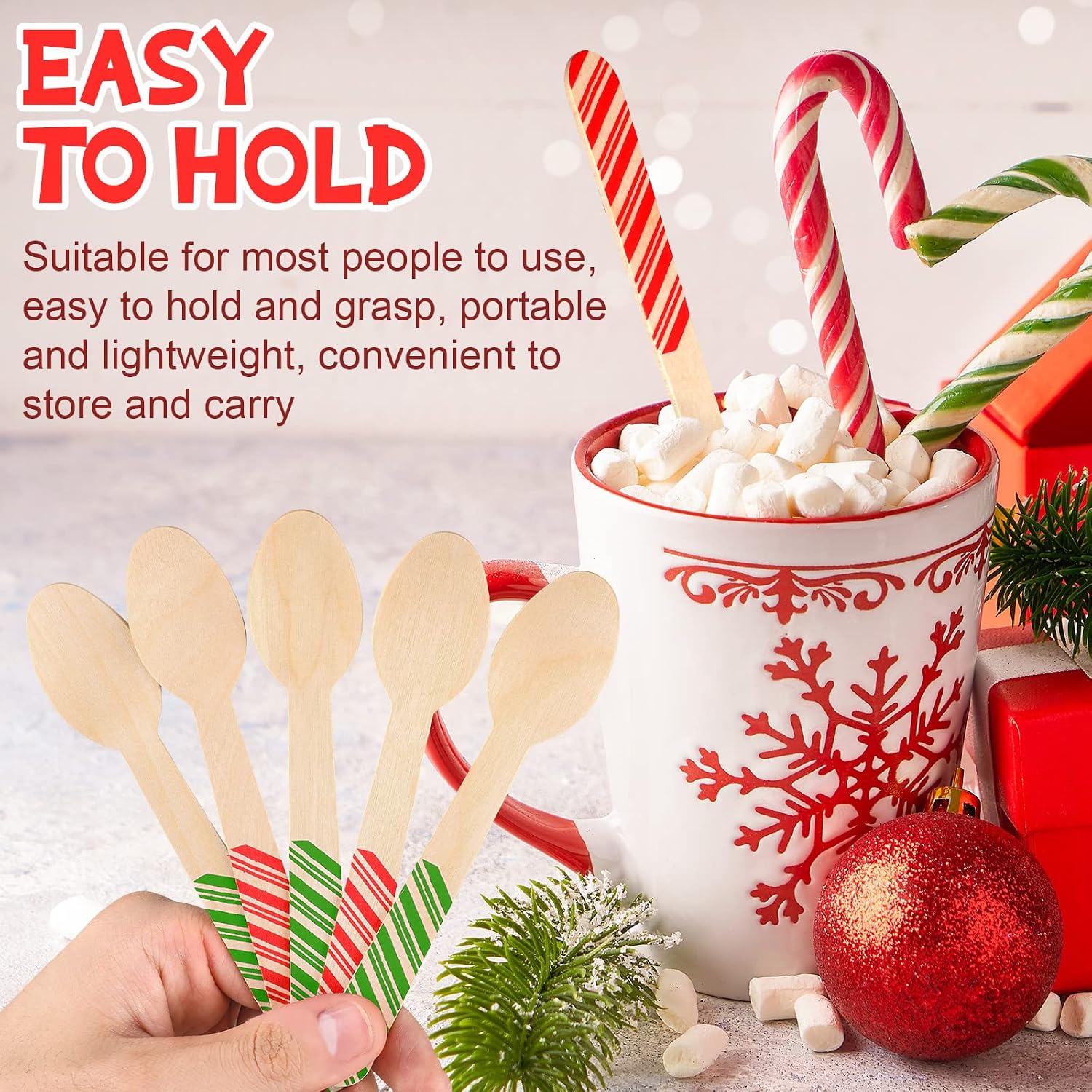 Hoolerry 100 Pcs Disposable Christmas Wooden Spoons 5.5'' Hot Cocoa Chocolate Candy Cane Winter Tasting Bar Spoons for Cake Coffee Ice Cream(Red, Green,Striped Style)