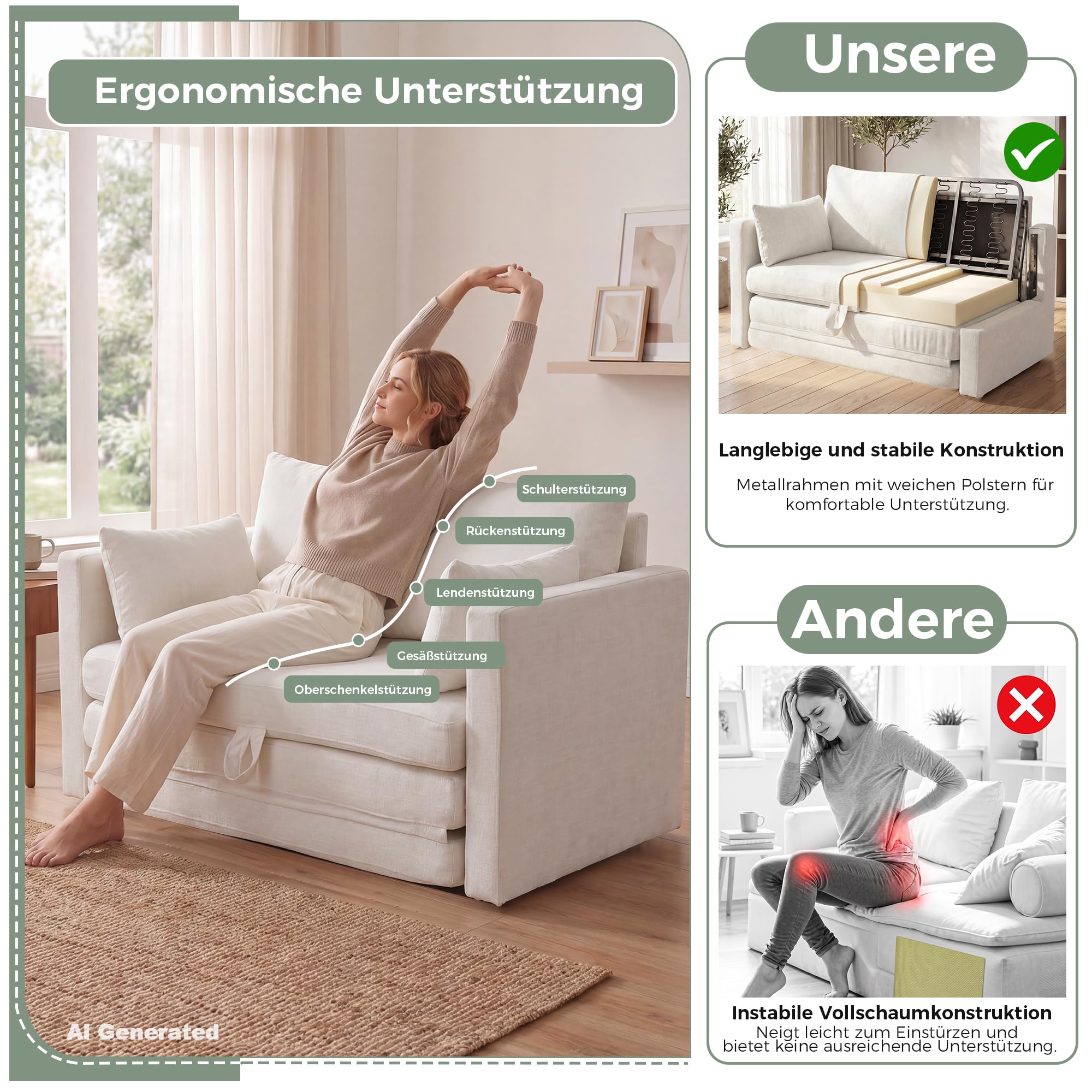 GRAVFORCE Schlafsofa 3-in-1 klappbares Bodensofa mit Kissen Beige