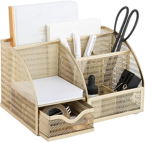 BLU MONACO Organizador de escritorio dorado con cajón | Organizador de escritorio de metal con seis compartimentos para suministros de oficina |