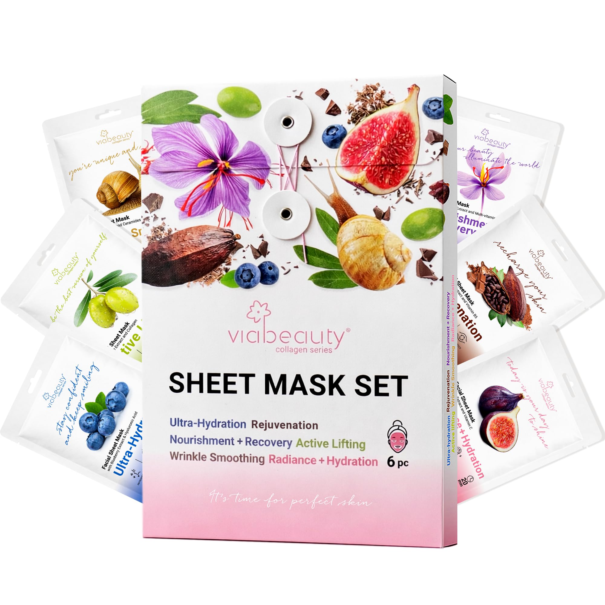 6 Pack of Sheet Face Masks Skincare - Collagen Face Mask Sheets with Hyaluronic Acid, Vitamin C, Snail Mucin - Facial Sheet Mask for Hydrating, Moisturizing, Rejuvenating