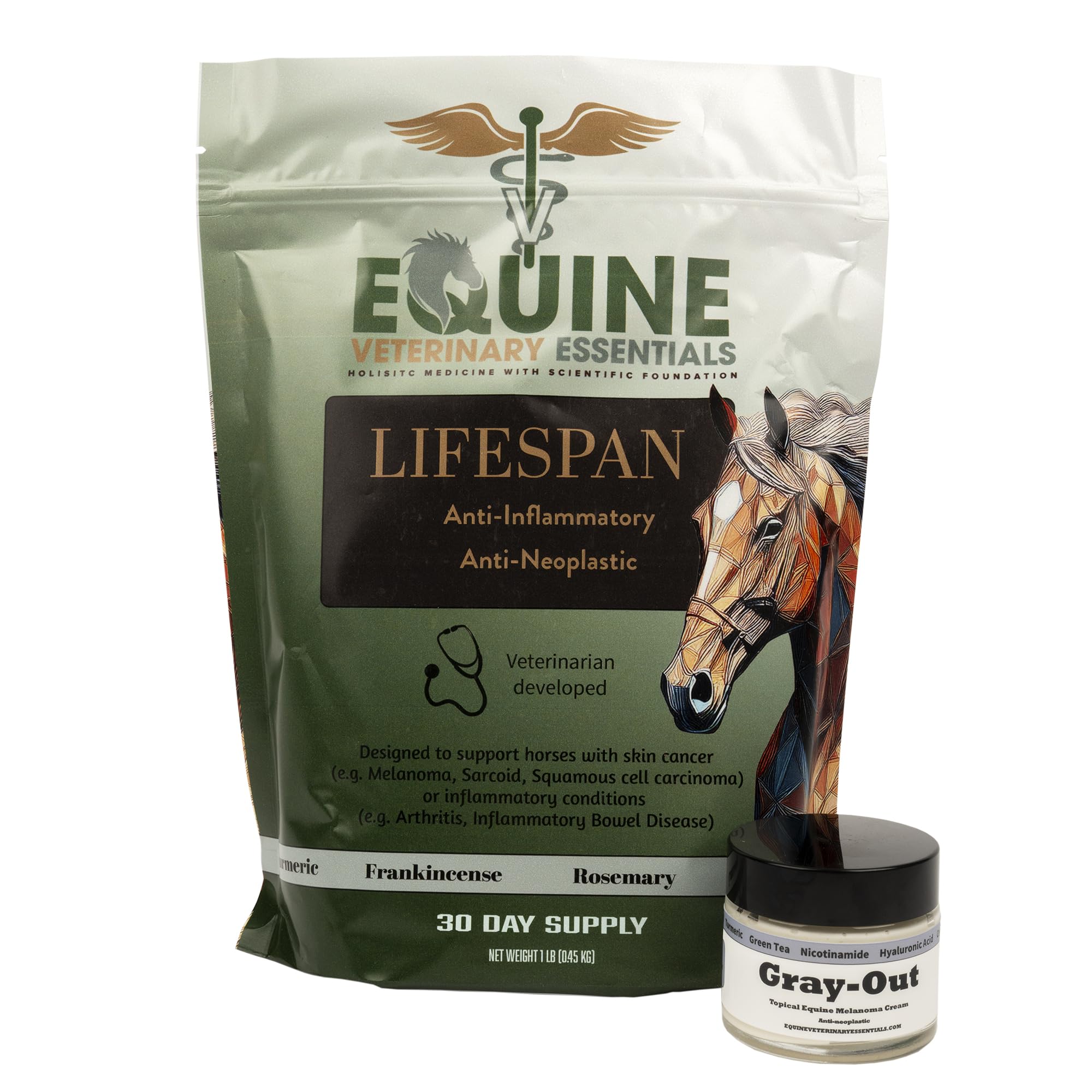 Lifespan & Gray-Out Equine Care Bundle | Herbal Anti-Inflammatory Oral Supplement + Melanoma Cream Joint, Mobility & Skin Health Support for Horses | Wellness Pack