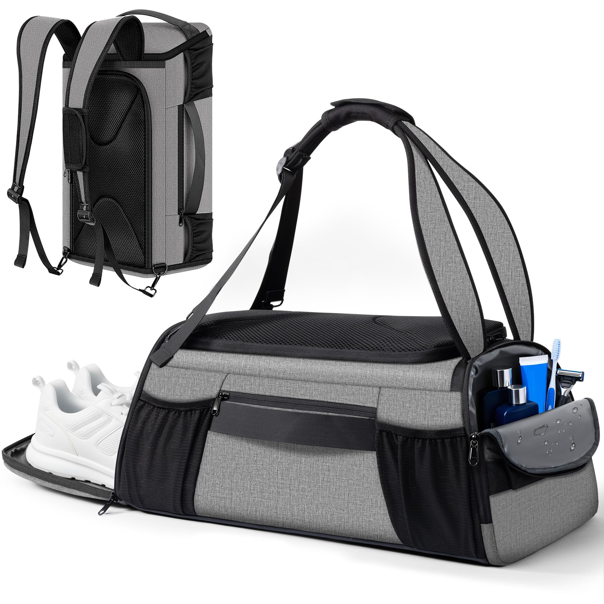 Gym Bag for Women Men, Duffle Travel Bag with Shoes Compartment and Wet Pocket, Waterproof Overnight Carry On Bag Backpack with Two Elastic Bottle