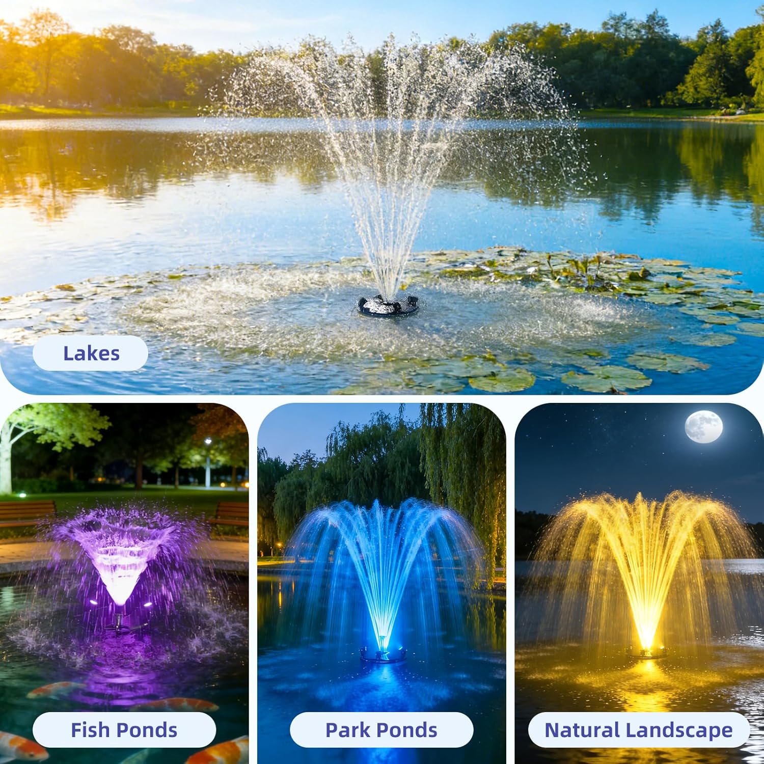Antfraer Floating Fountain with LED Lights, RGB Pond Fountain with 1200GPH Pond Pump & 30FT Cord, 3 Water Spray Styles Aerator Pump Kit with Remote Control for Ponds, Lakes, Water Garden