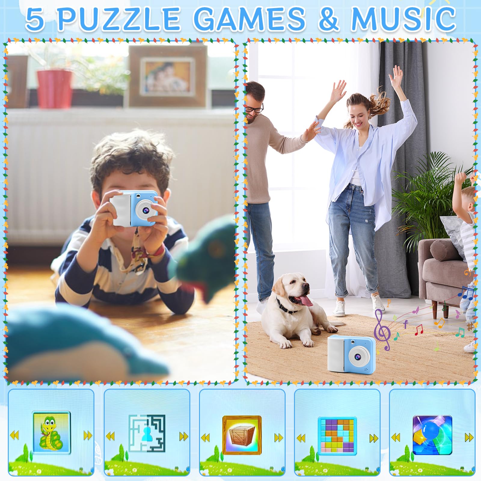 Appareil Photo Numérique Instantané, avec Papier d'impression & Carte TF 32G, Caméra Vidéo avec Stylos Colorés pour Le Bricolage, Chapeaux Costume Accessoire Déguisement
